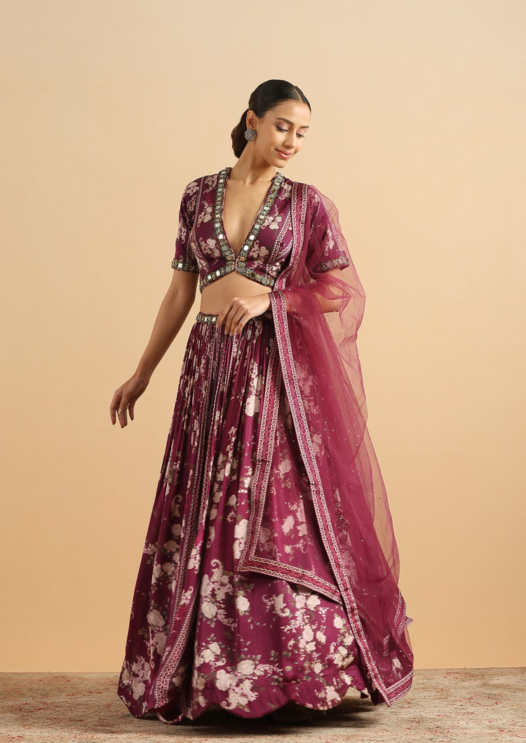 Twamev Women Royal Purple Floral Satin Skirt Top Set