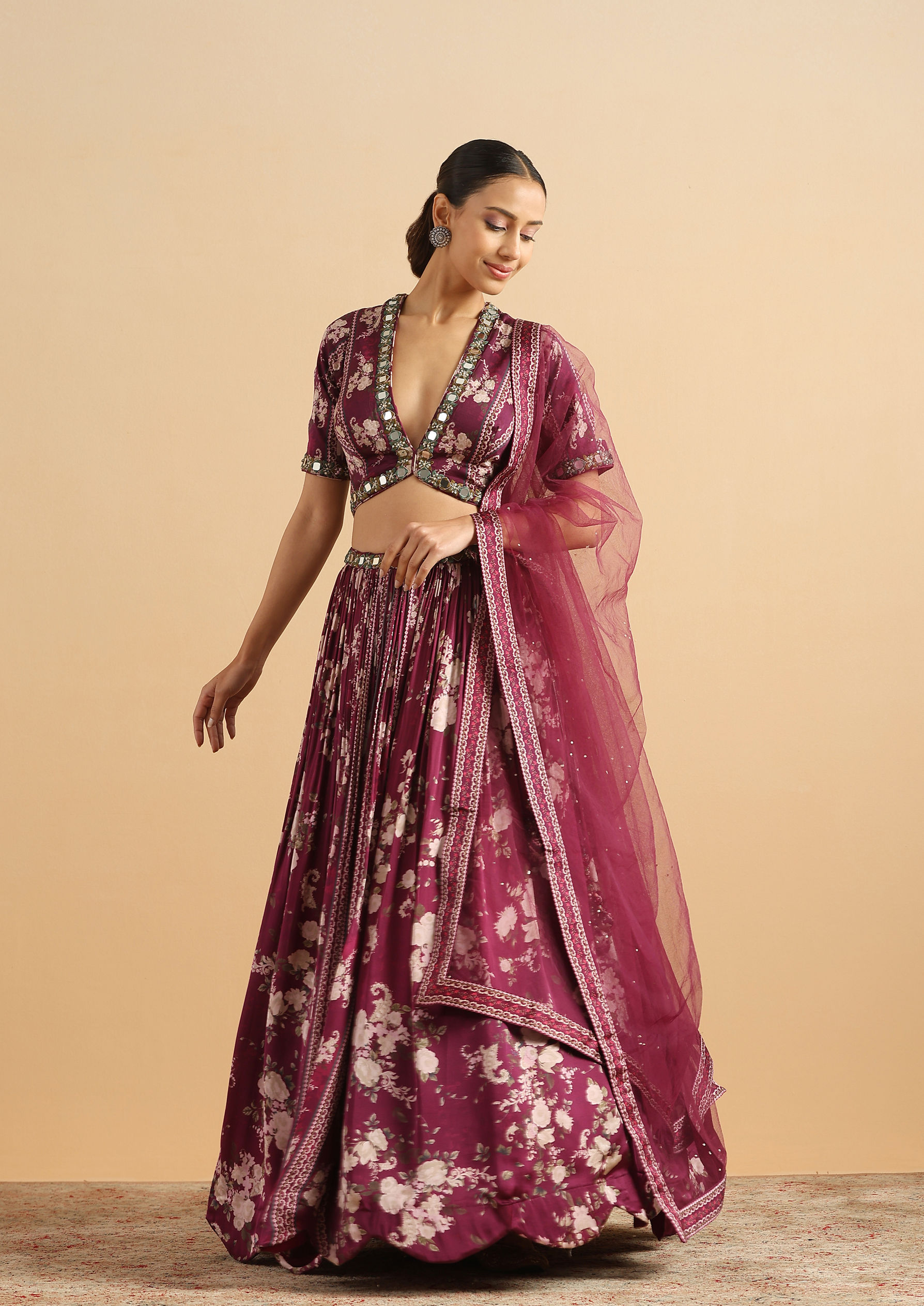 Twamev Women Royal Purple Floral Satin Skirt Top Set