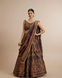 Twamev Women Brown Silk Woven Embroidered Lehenga