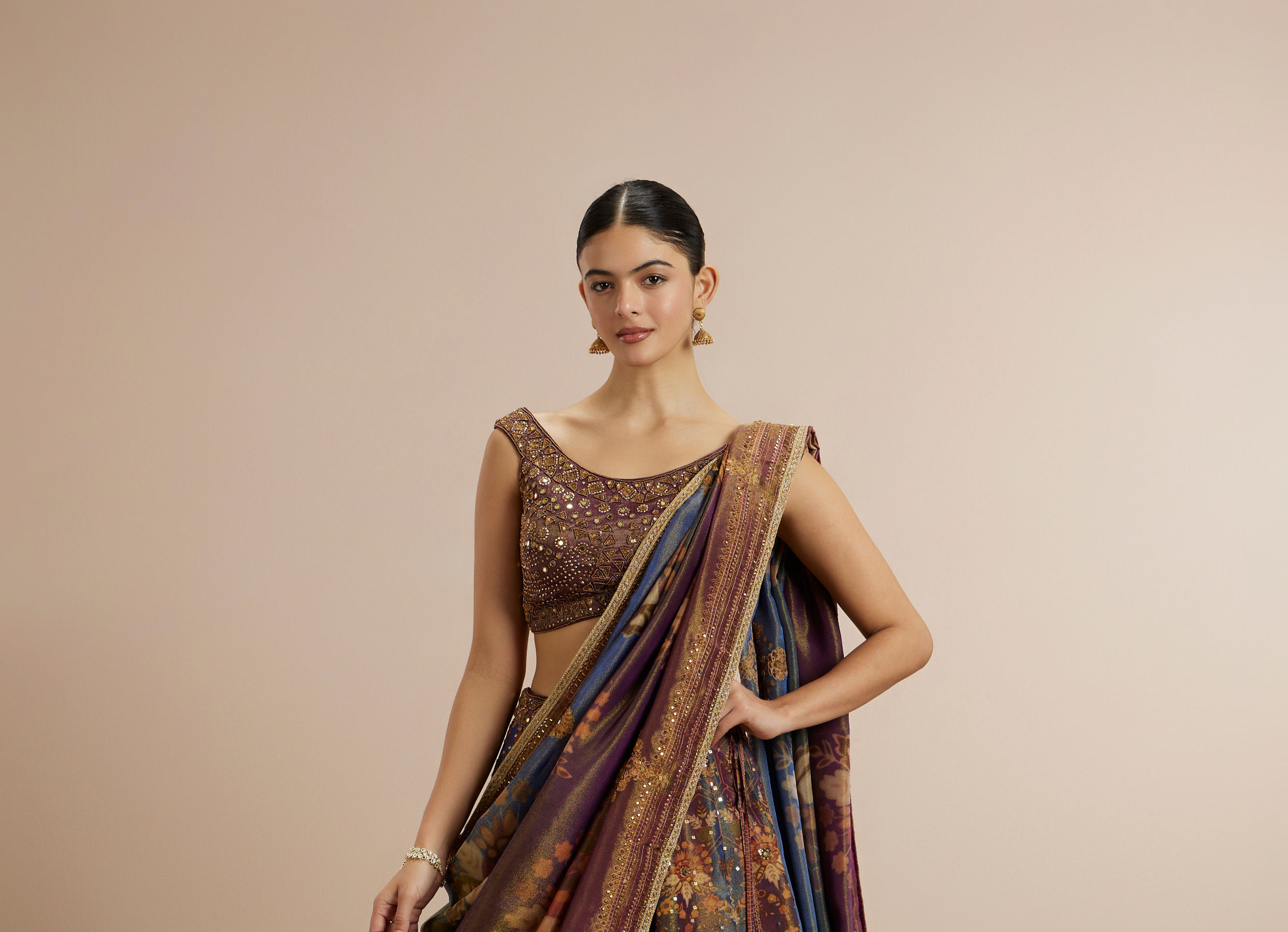 Twamev Women Brown Silk Woven Embroidered Lehenga