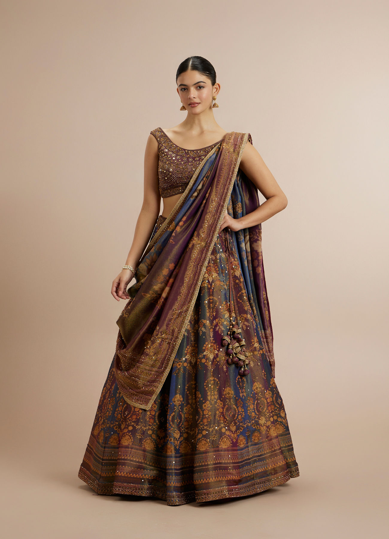 Twamev Women Brown Silk Woven Embroidered Lehenga