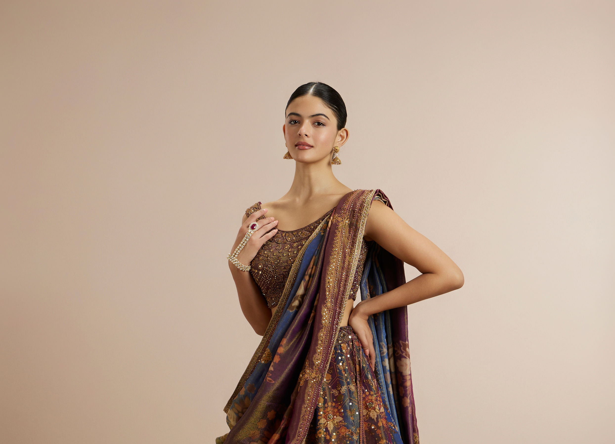 Twamev Women Brown Silk Woven Embroidered Lehenga