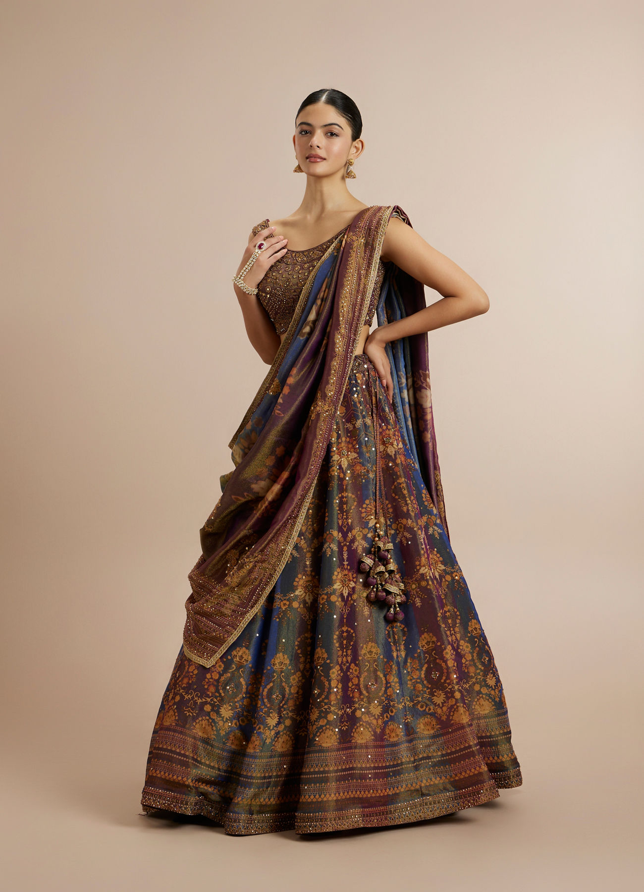Twamev Women Brown Silk Woven Embroidered Lehenga