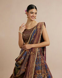 Twamev Women Brown Silk Woven Embroidered Lehenga