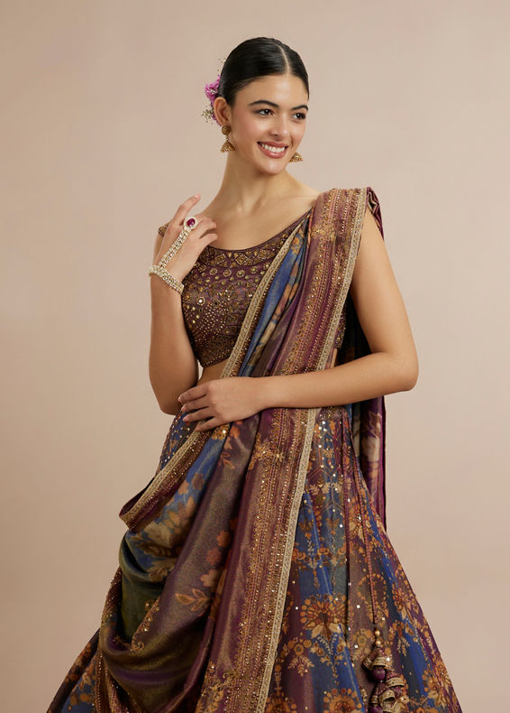 Twamev Women Brown Silk Woven Embroidered Lehenga