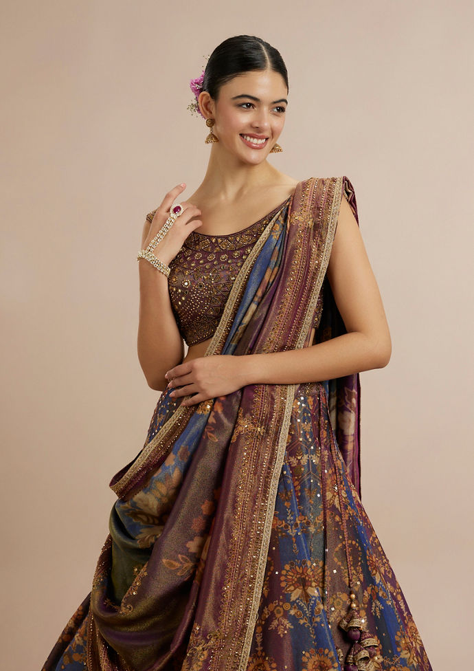 Twamev Women Brown Silk Woven Embroidered Lehenga