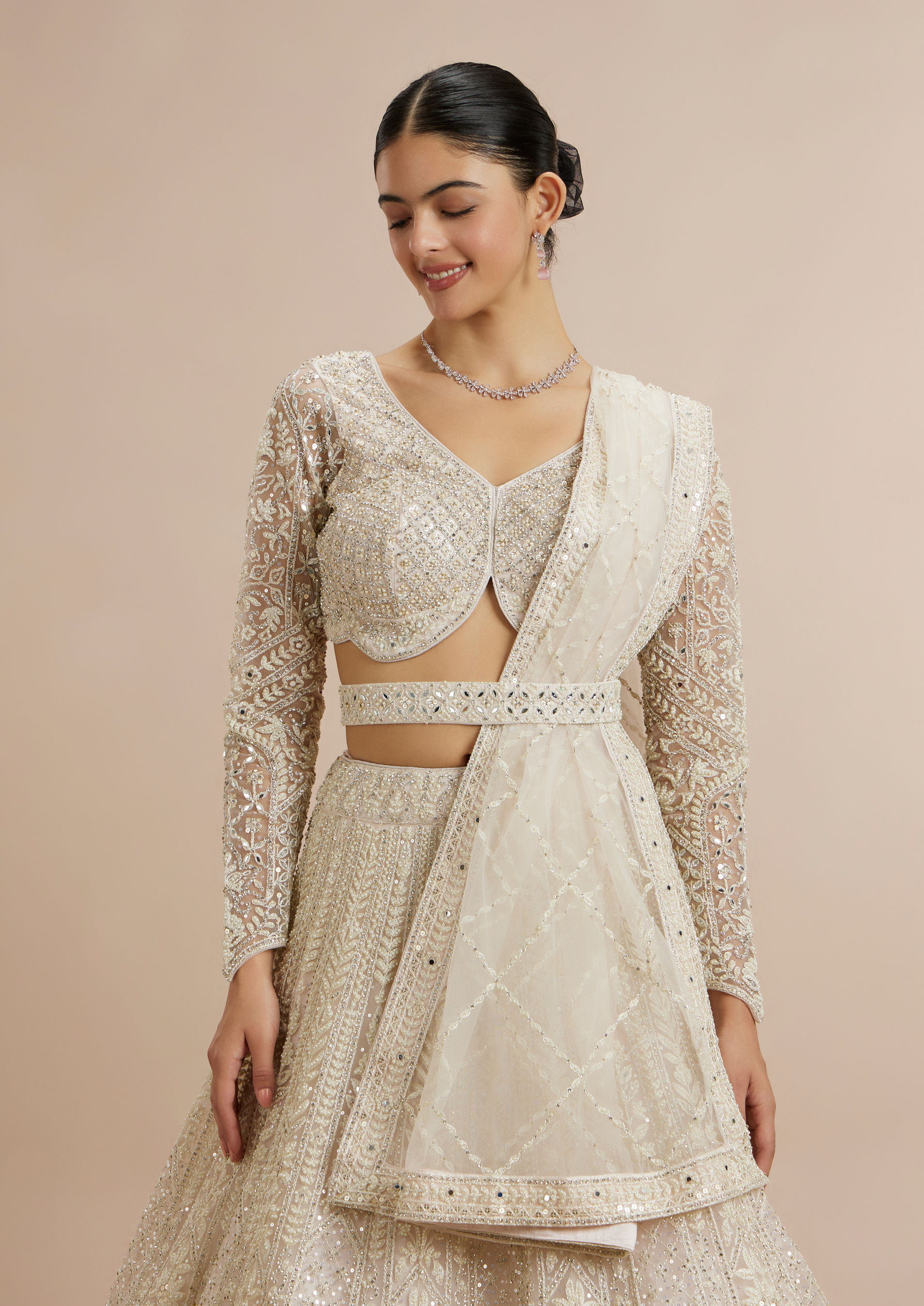 Twamev Women Ravishing Cream Lehenga Ensemble
