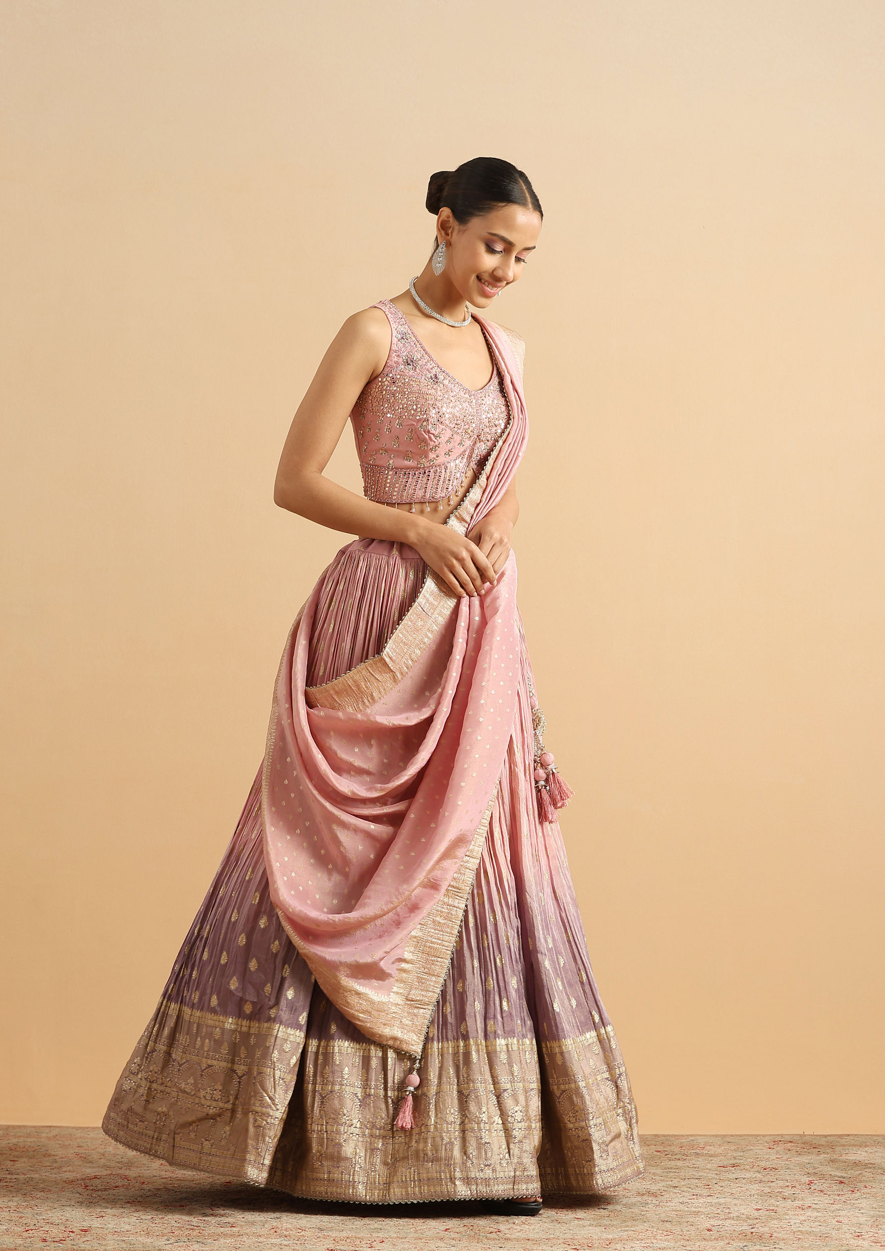 Twamev Women Dusty Rose Shaded Skirt Top Set