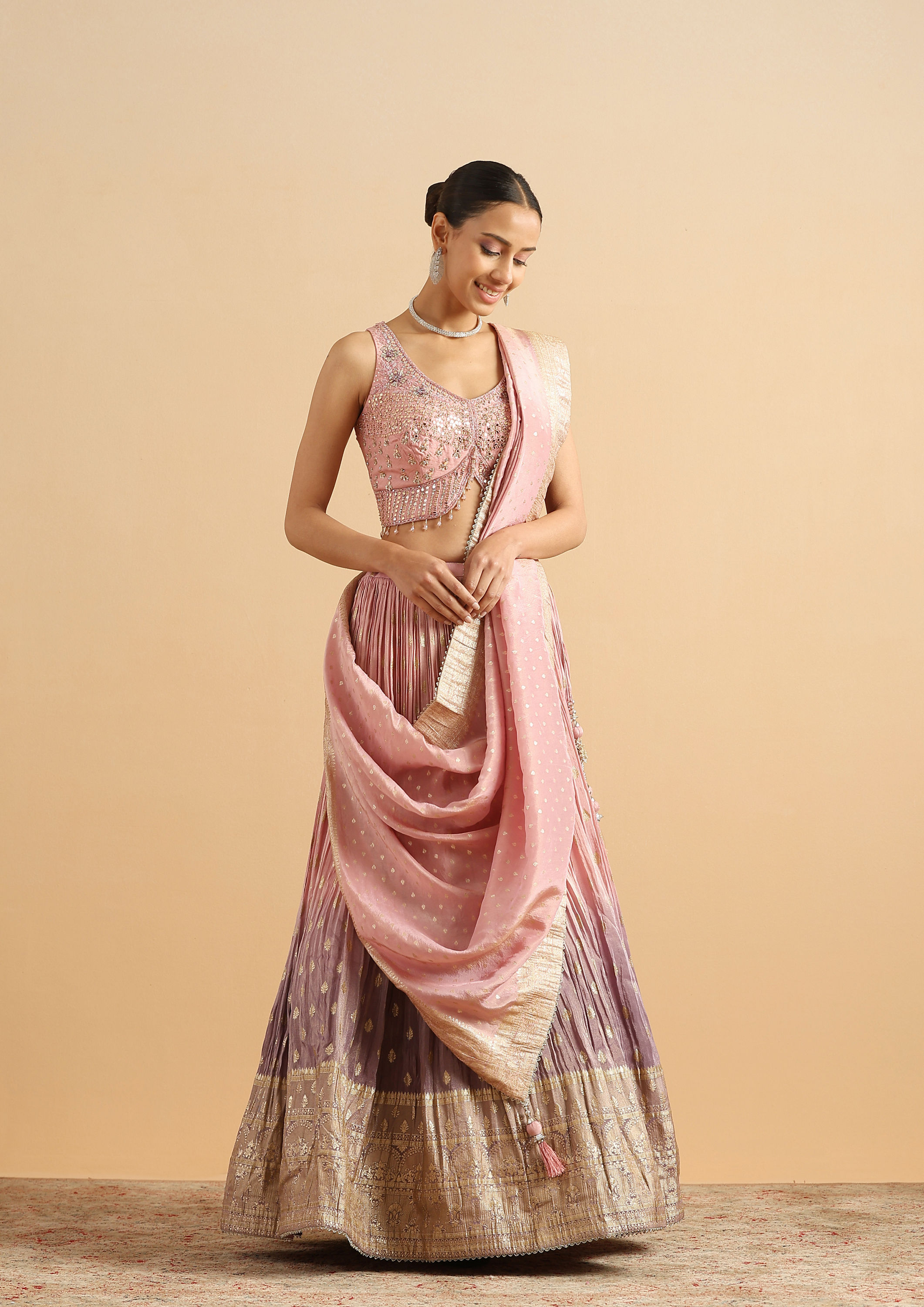 Twamev Women Dusty Rose Shaded Skirt Top Set