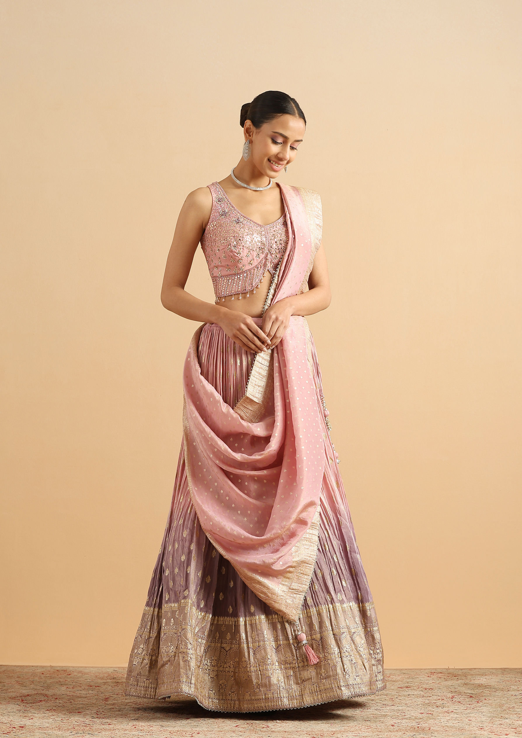 Twamev Women Dusty Rose Shaded Skirt Top Set