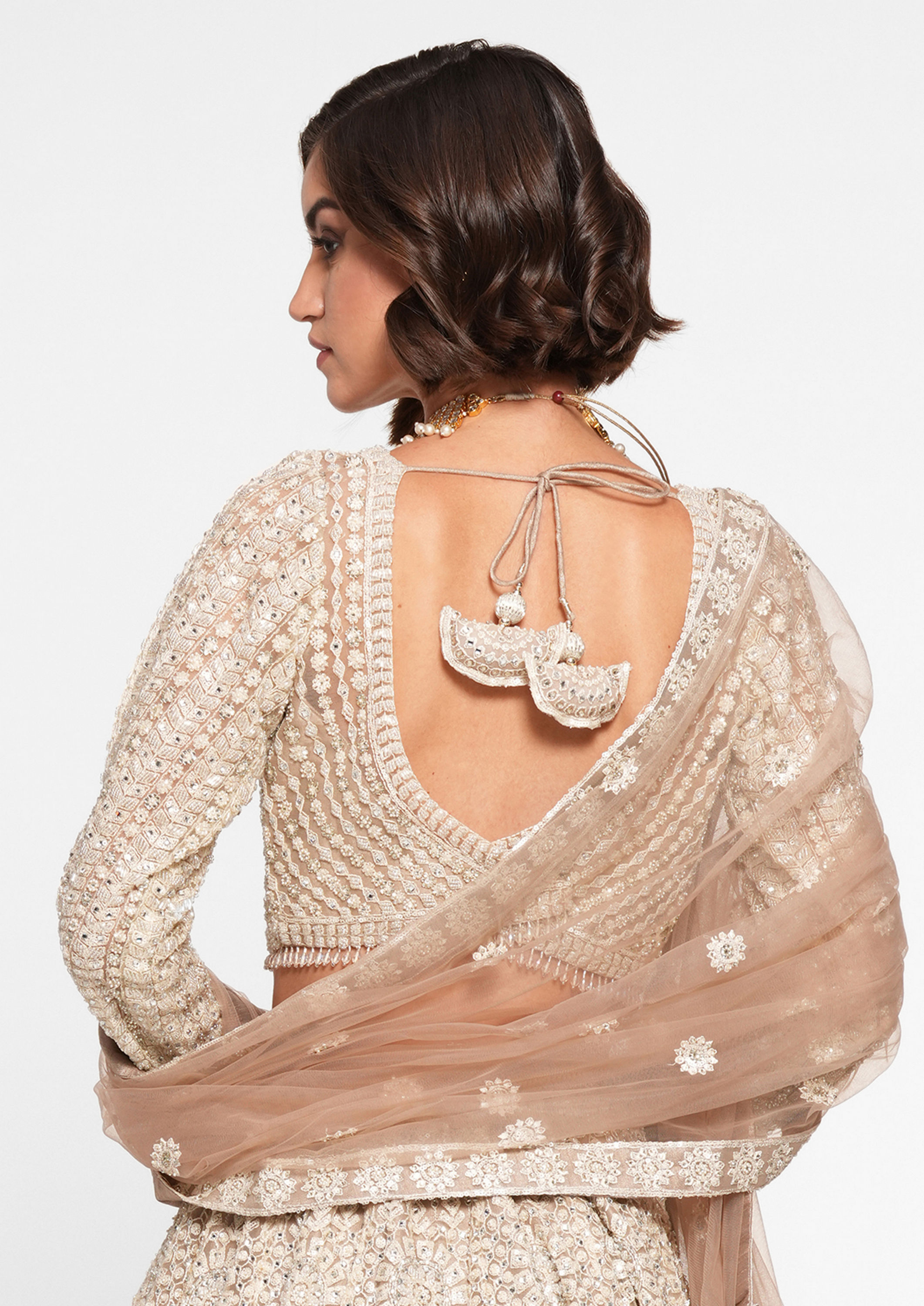 Twamev Women Beige Regalia Net Skirt Top Set