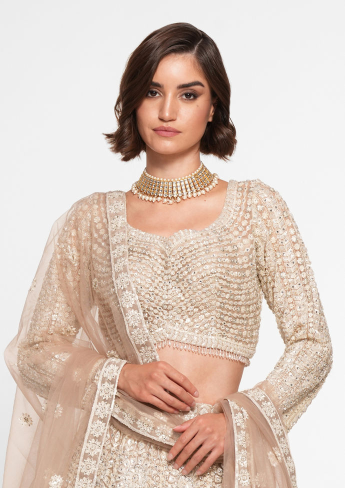 Twamev Women Beige Regalia Net Skirt Top Set