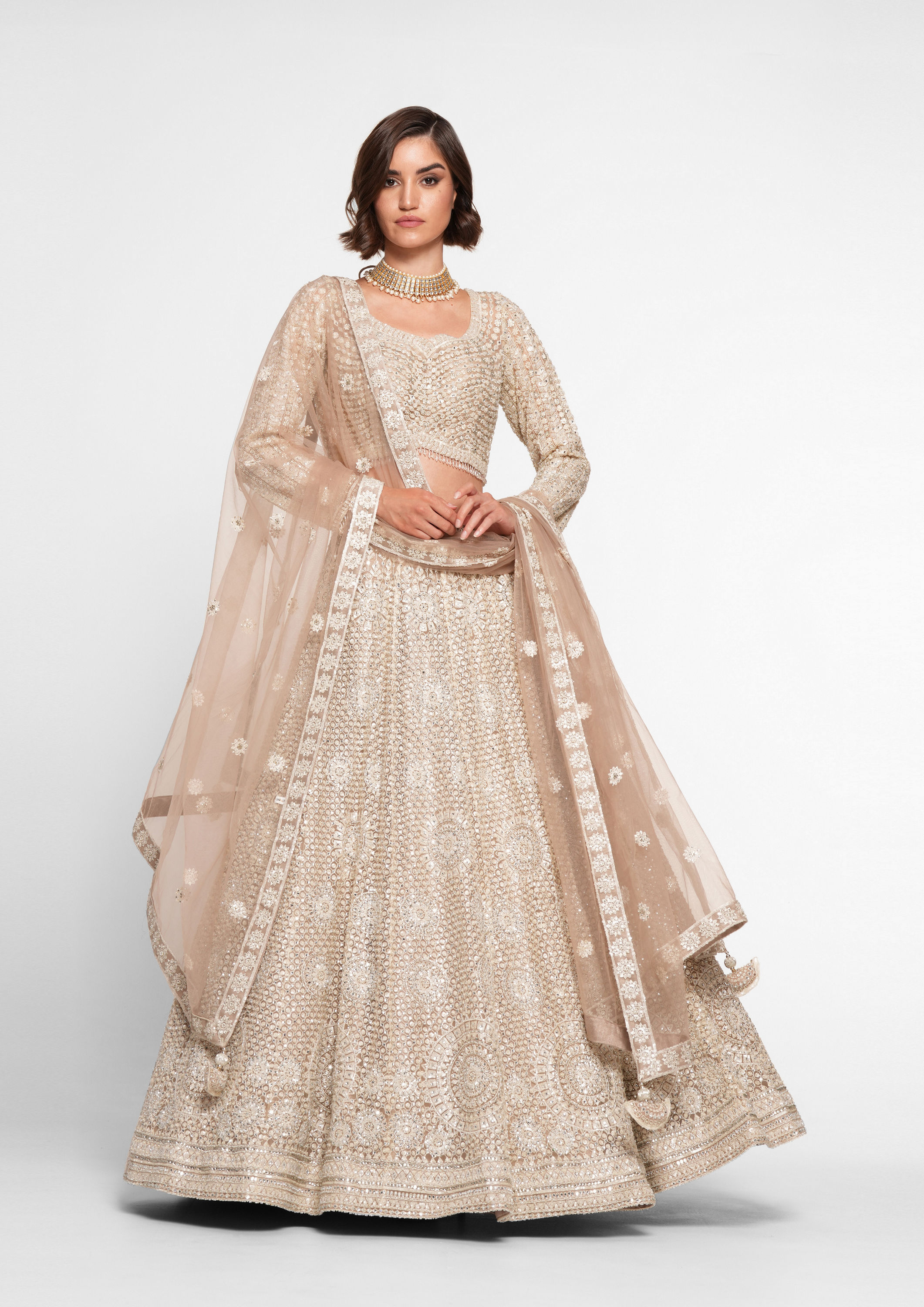 Twamev Women Beige Regalia Net Skirt Top Set