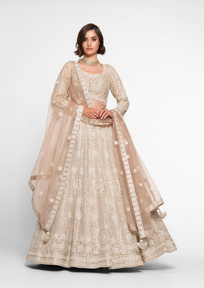 Twamev Women Beige Regalia Net Skirt Top Set