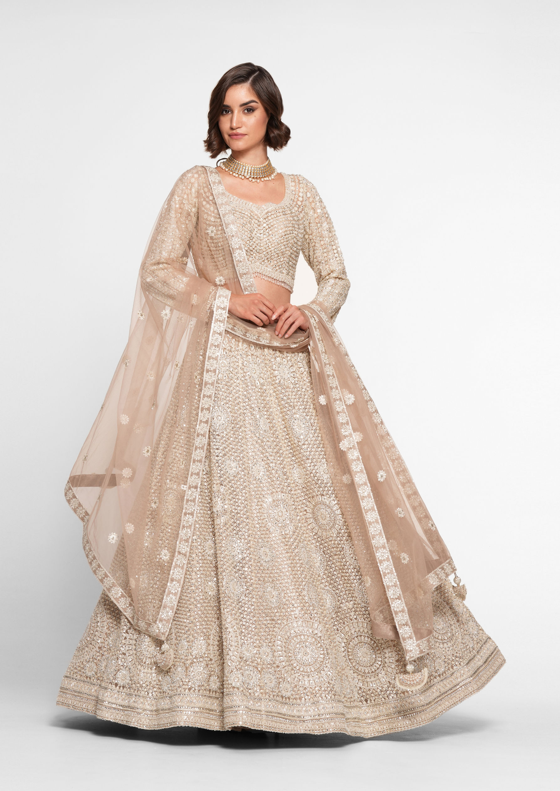 Twamev Women Beige Regalia Net Skirt Top Set