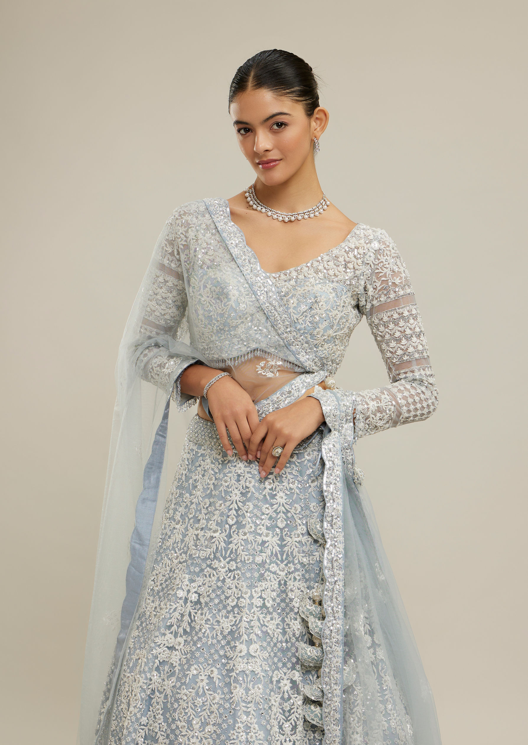 Twamev Women Light Blue Twinkle Lehenga Set