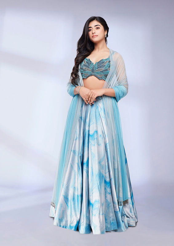 Twamev Women Teal Blue Marble Printed Sequinned Skirt Top