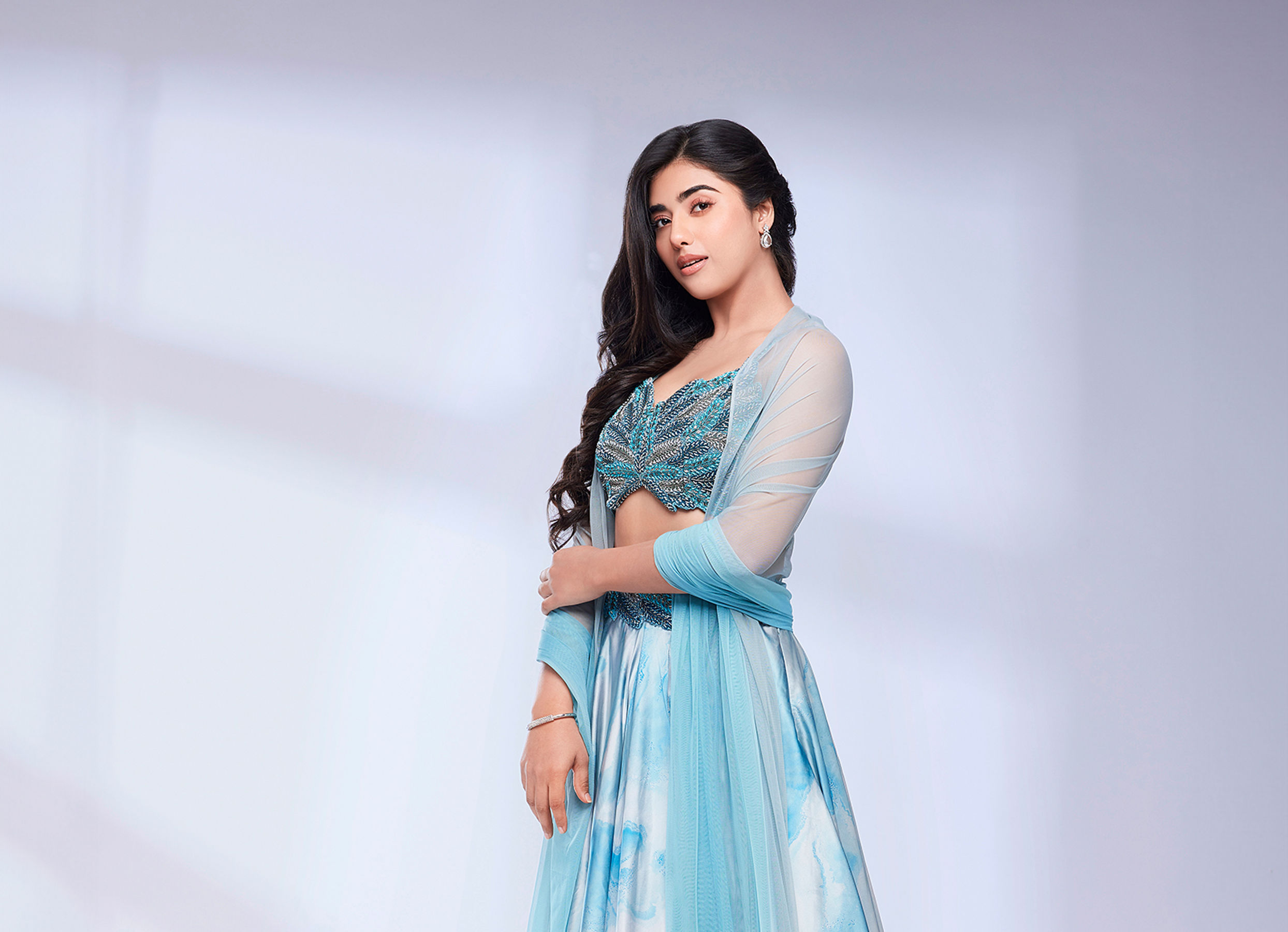 Twamev Women Teal Blue Marble Printed Sequinned Skirt Top