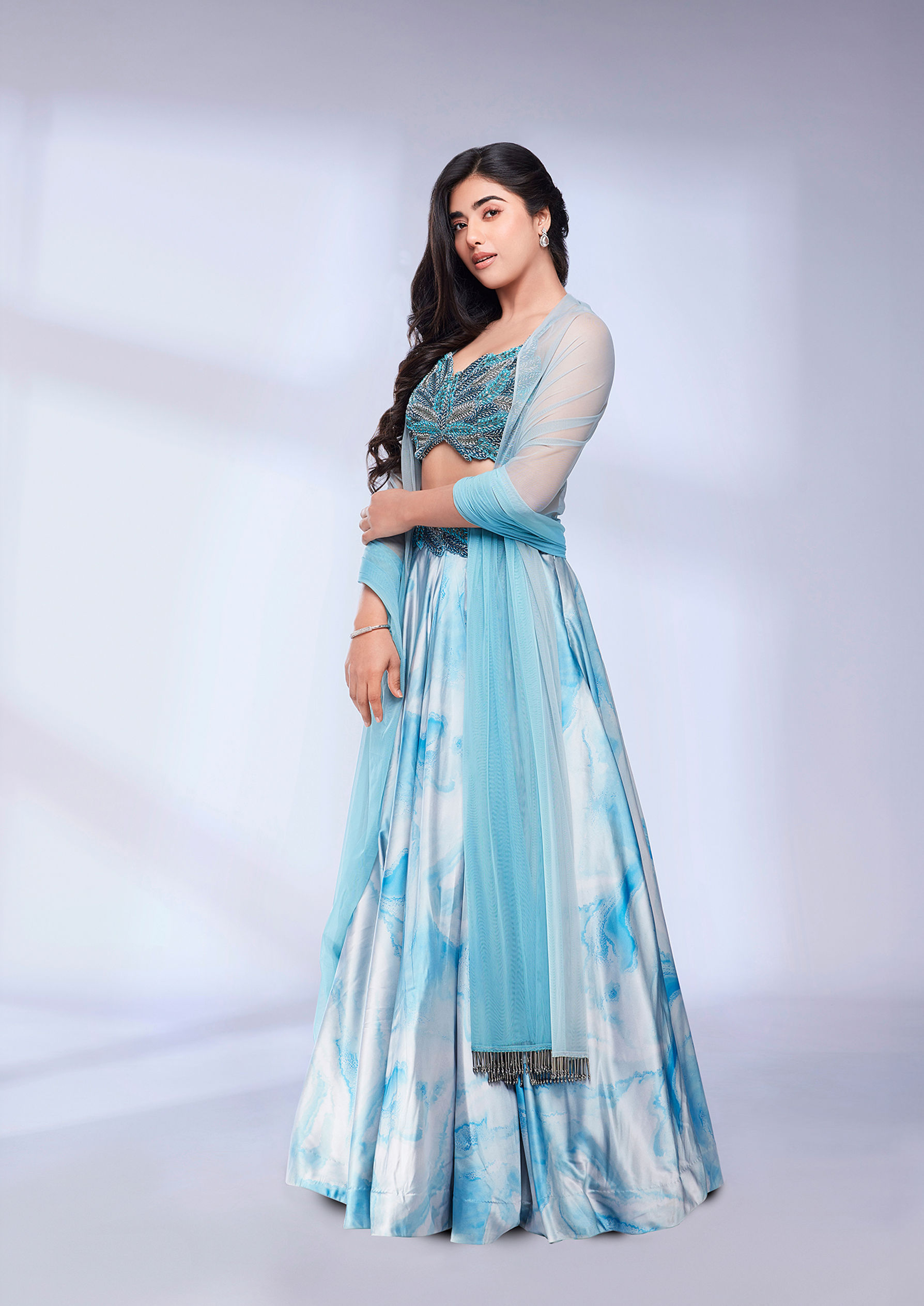 Twamev Women Teal Blue Marble Printed Sequinned Skirt Top