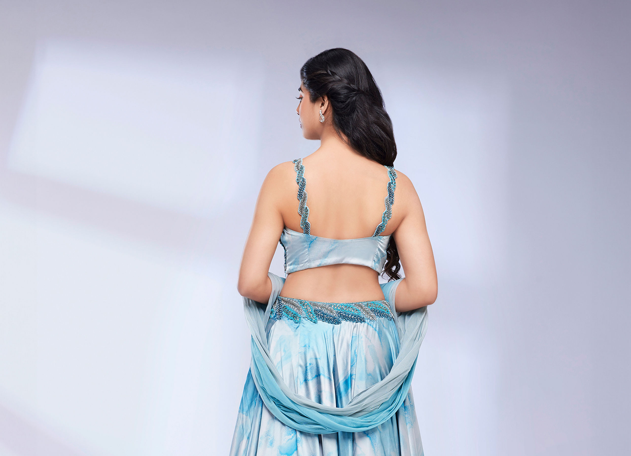 Twamev Women Teal Blue Marble Printed Sequinned Skirt Top