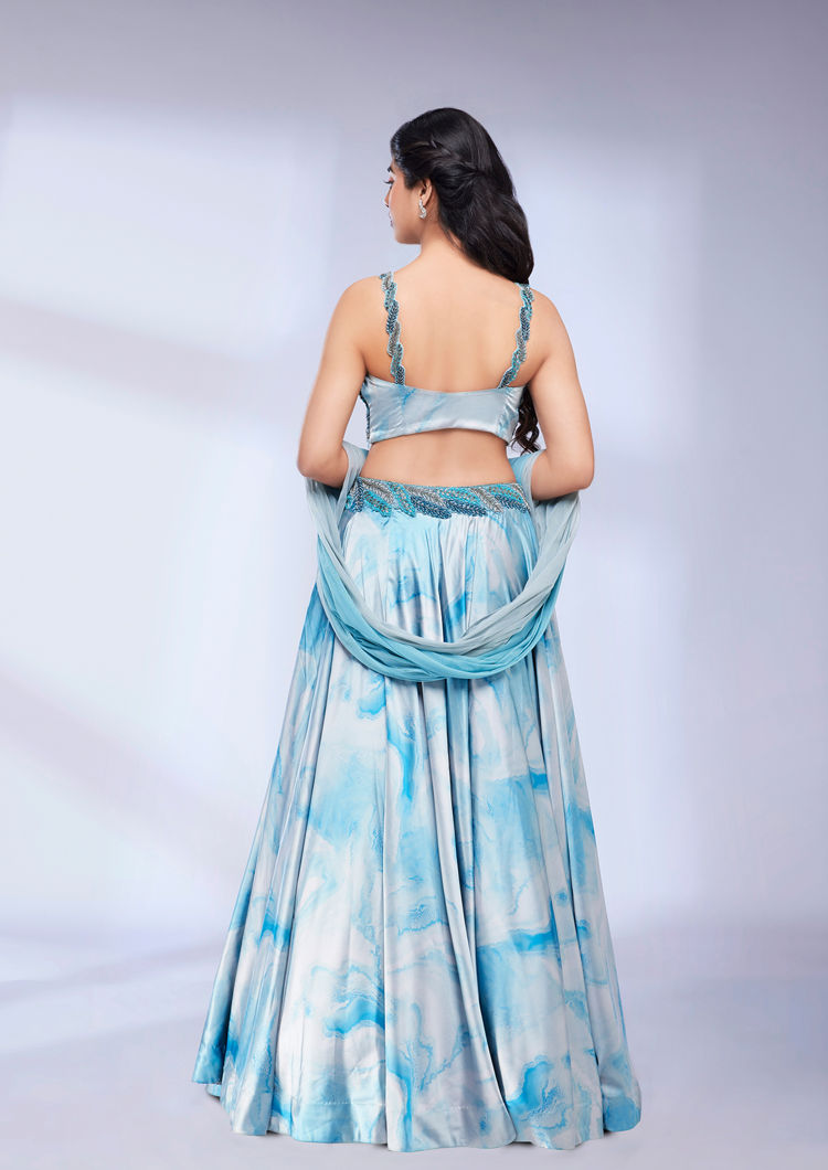 Twamev Women Teal Blue Marble Printed Sequinned Skirt Top