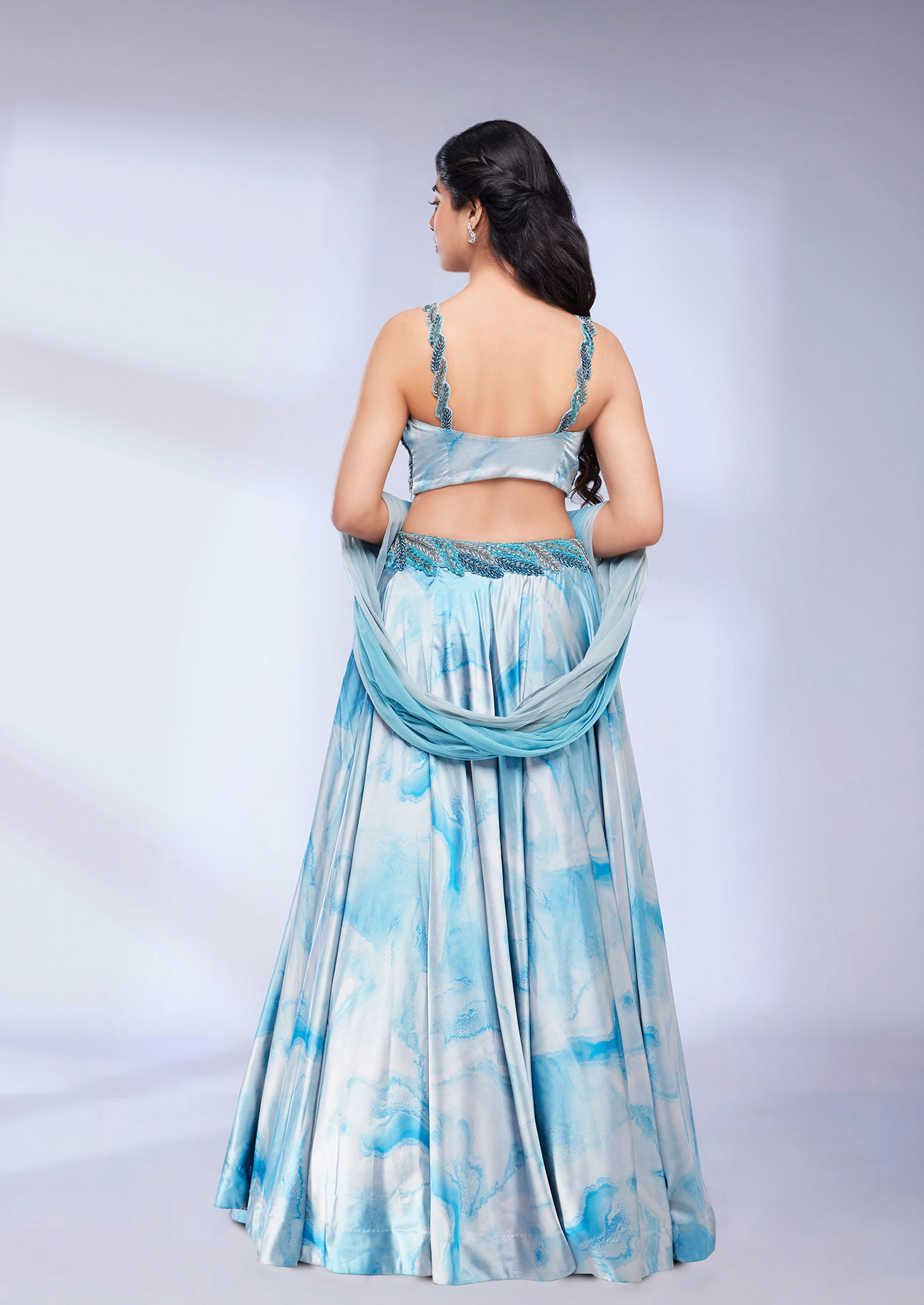 Twamev Women Teal Blue Marble Printed Sequinned Skirt Top