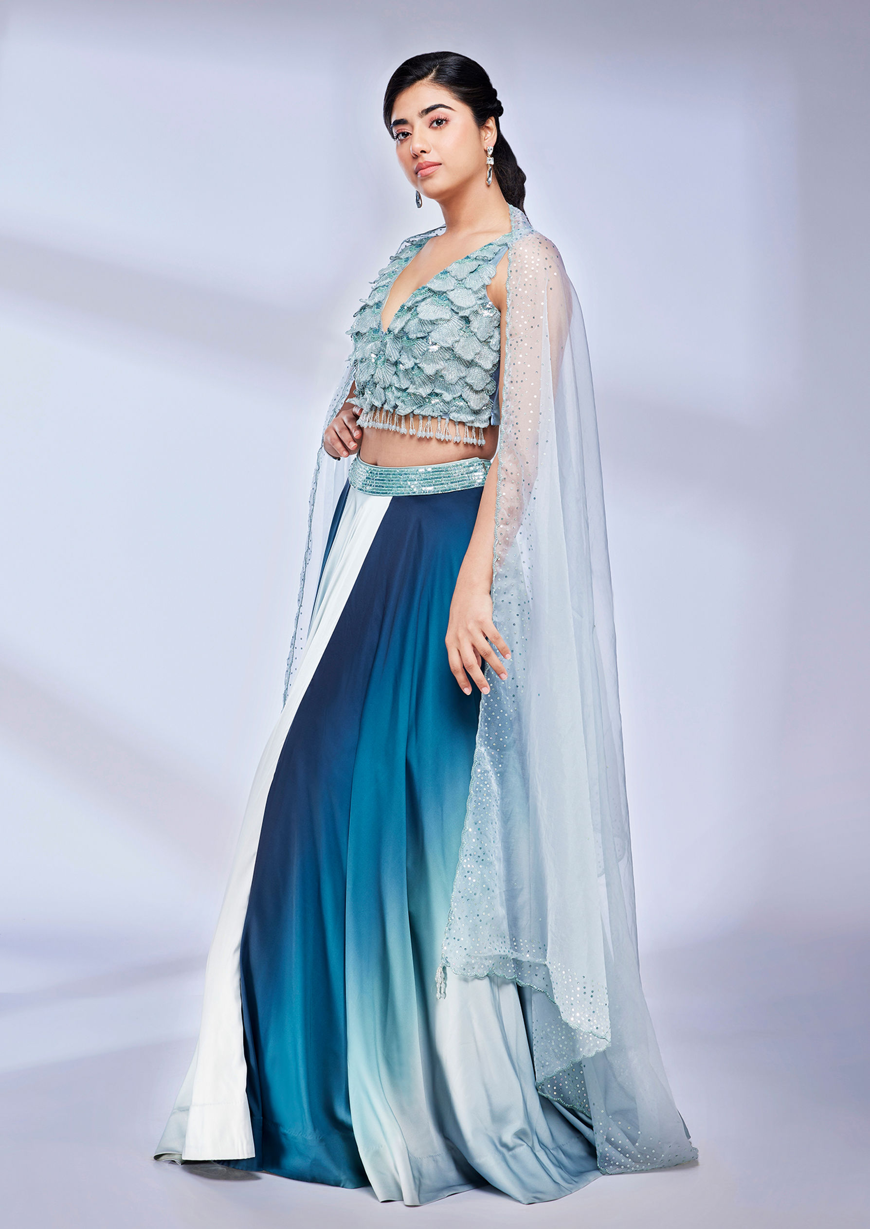 Twamev Women Sea Green Marble Ombre Shaded Skirt Top