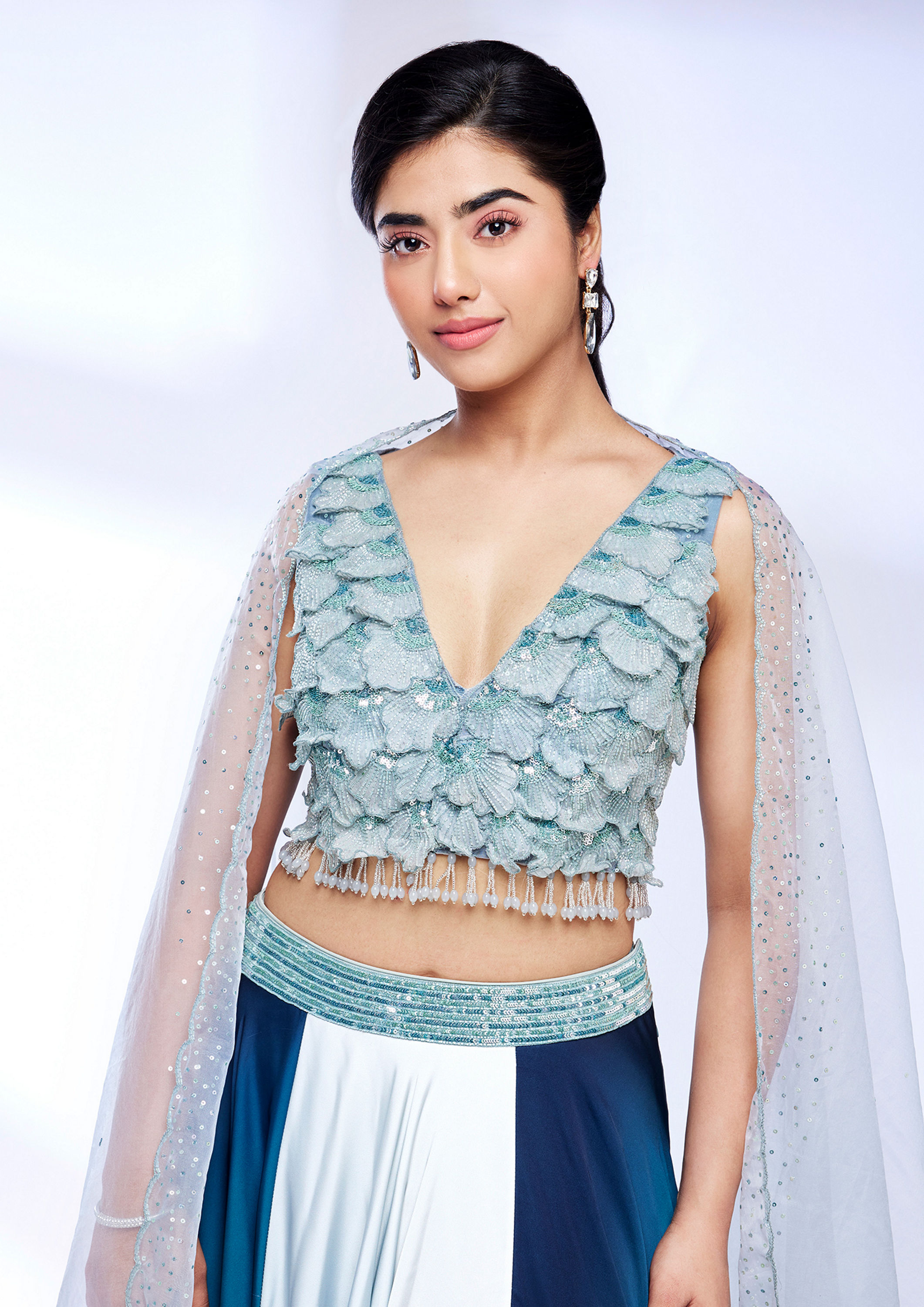 Twamev Women Sea Green Marble Ombre Shaded Skirt Top