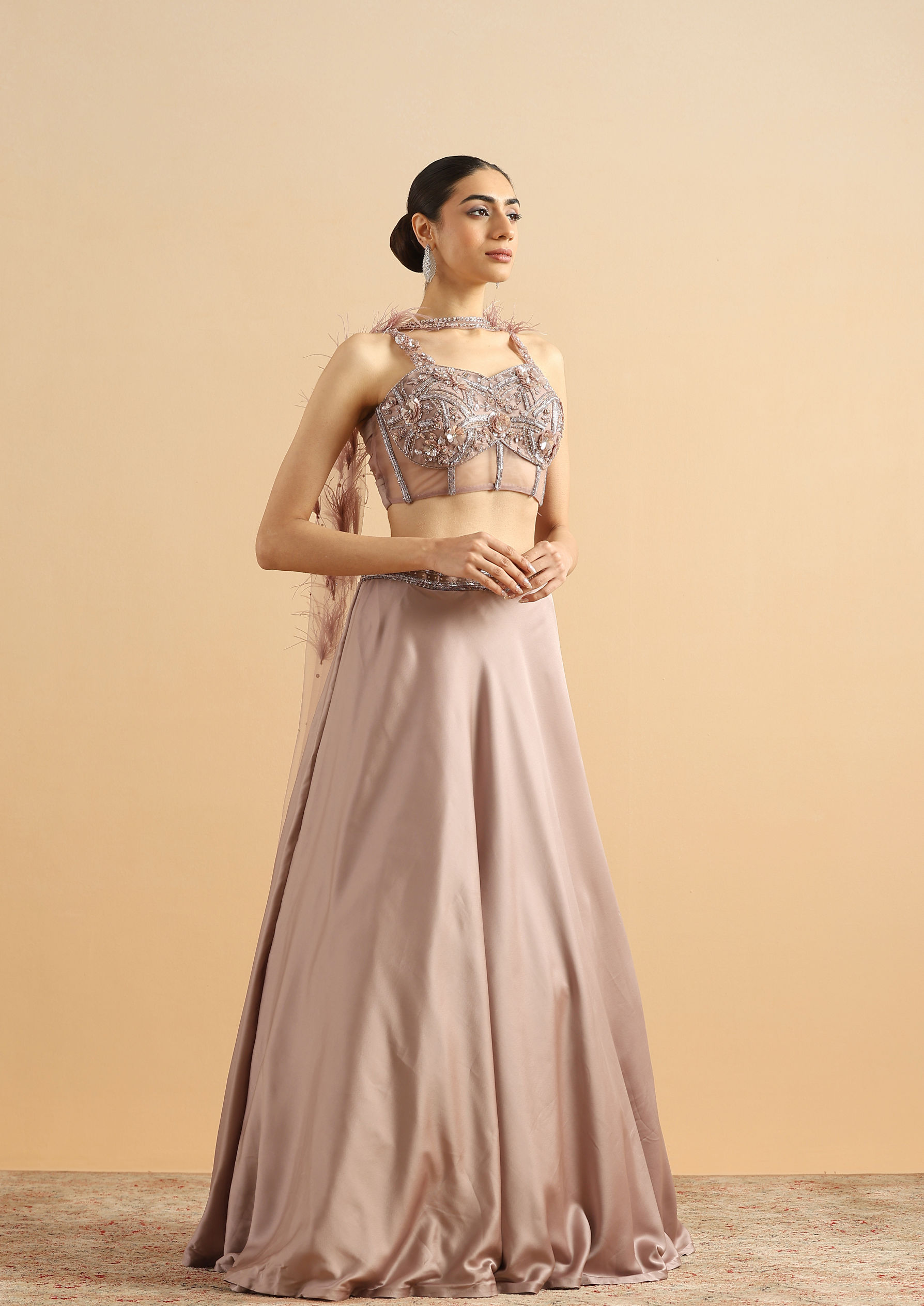 Twamev Women Dusky Rose Satin Skirt Top Set
