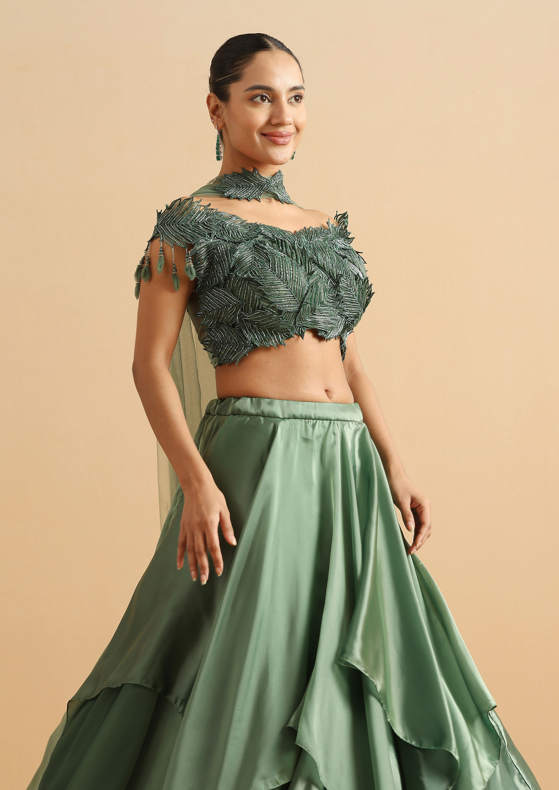 Twamev Women Green Satin Skirt Top Set