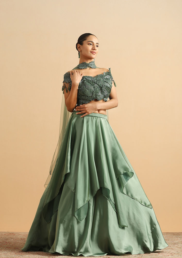 Twamev Women Green Satin Skirt Top Set