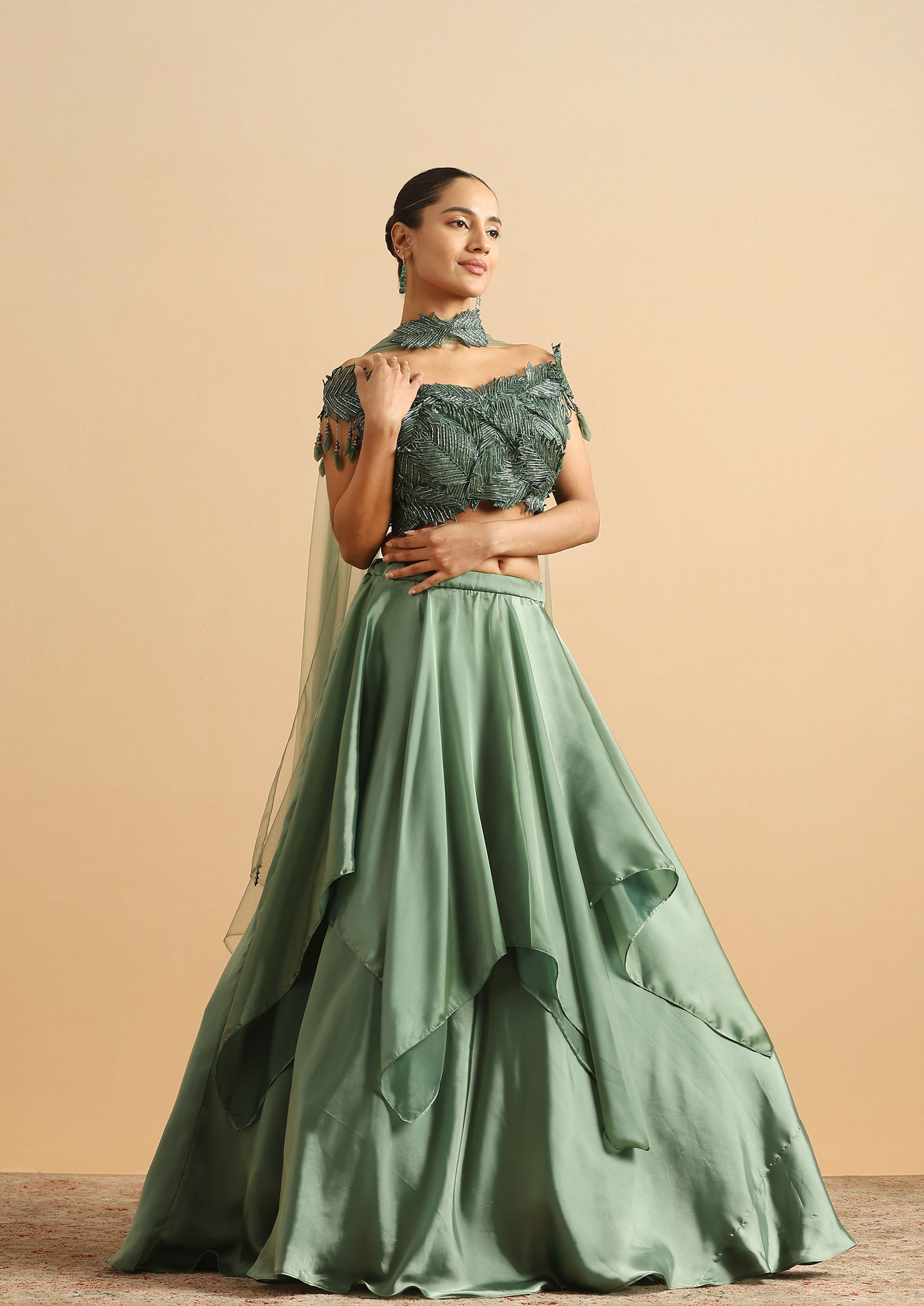 Twamev Women Green Satin Skirt Top Set