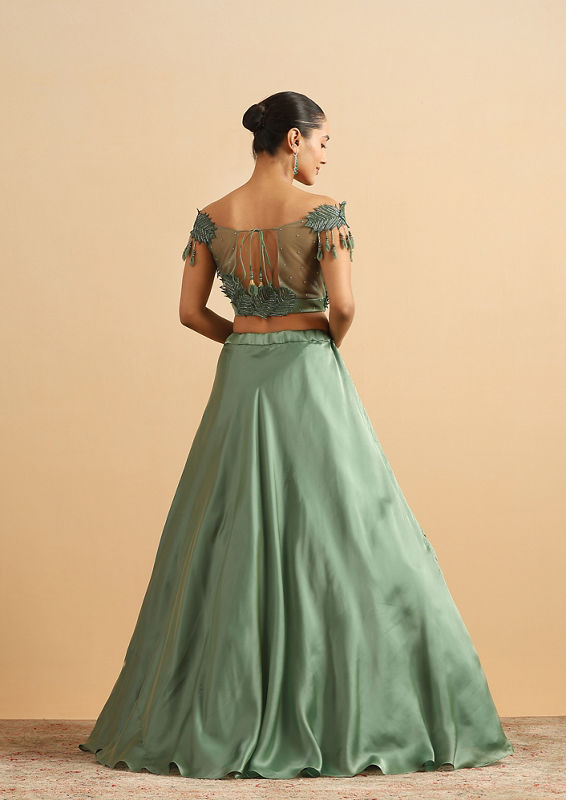 Twamev Women Green Satin Skirt Top Set