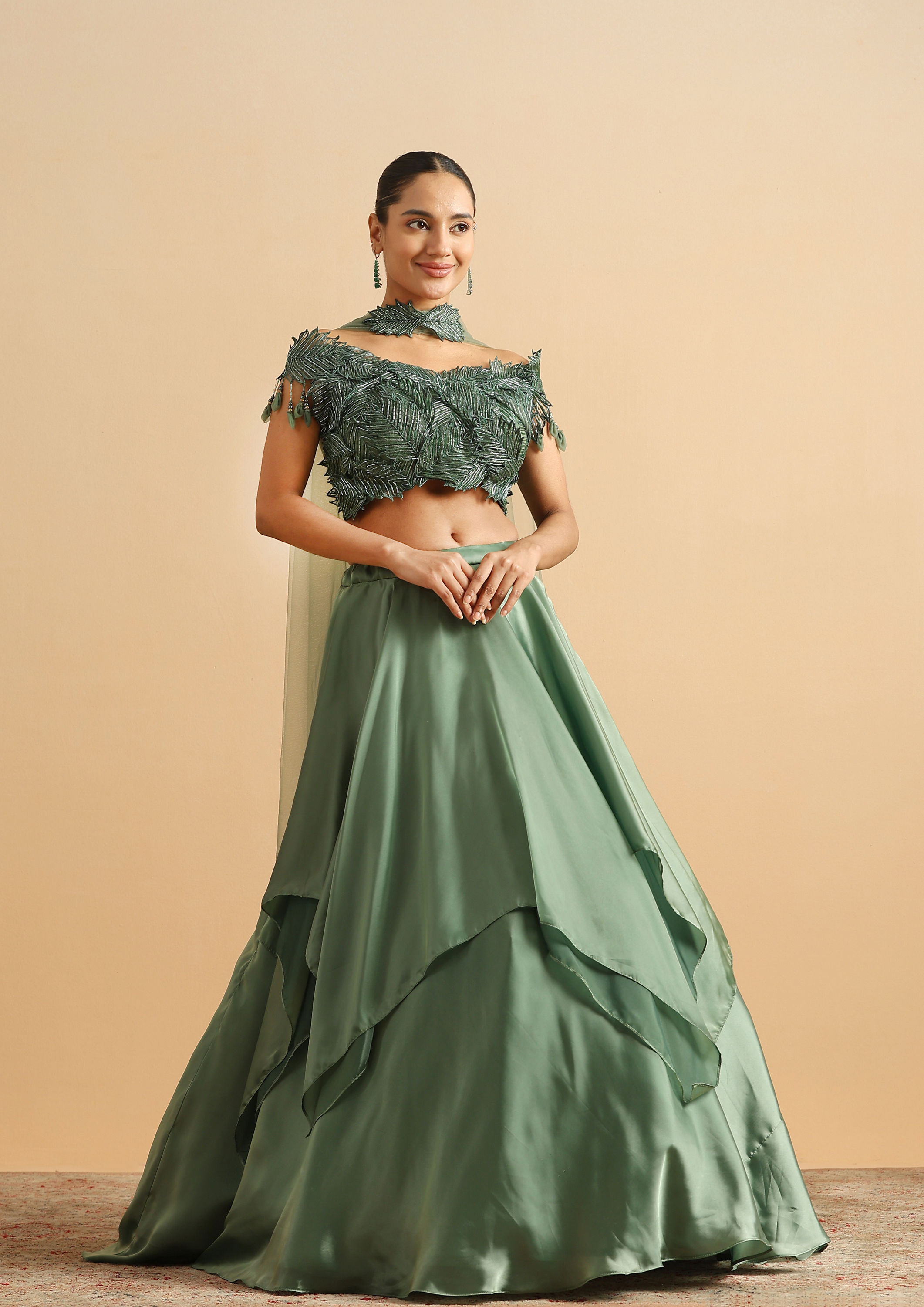 Twamev Women Green Satin Skirt Top Set