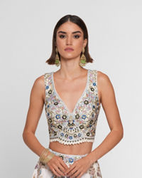 Twamev Women Cream Skirt Top Ensemble with Zardozi Work Skirt Top