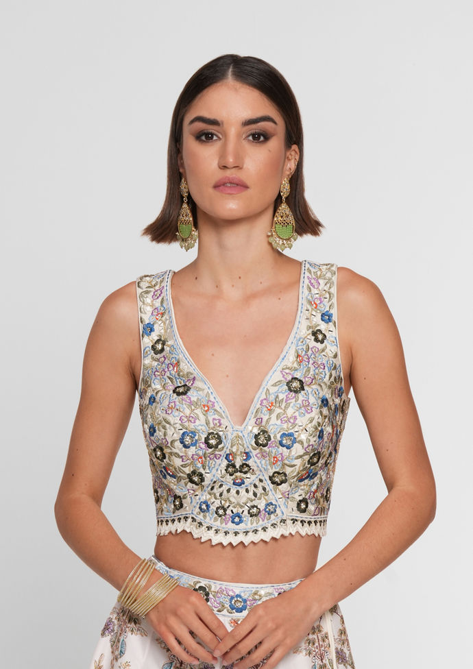 Twamev Women Cream Skirt Top Ensemble with Zardozi Work Skirt Top