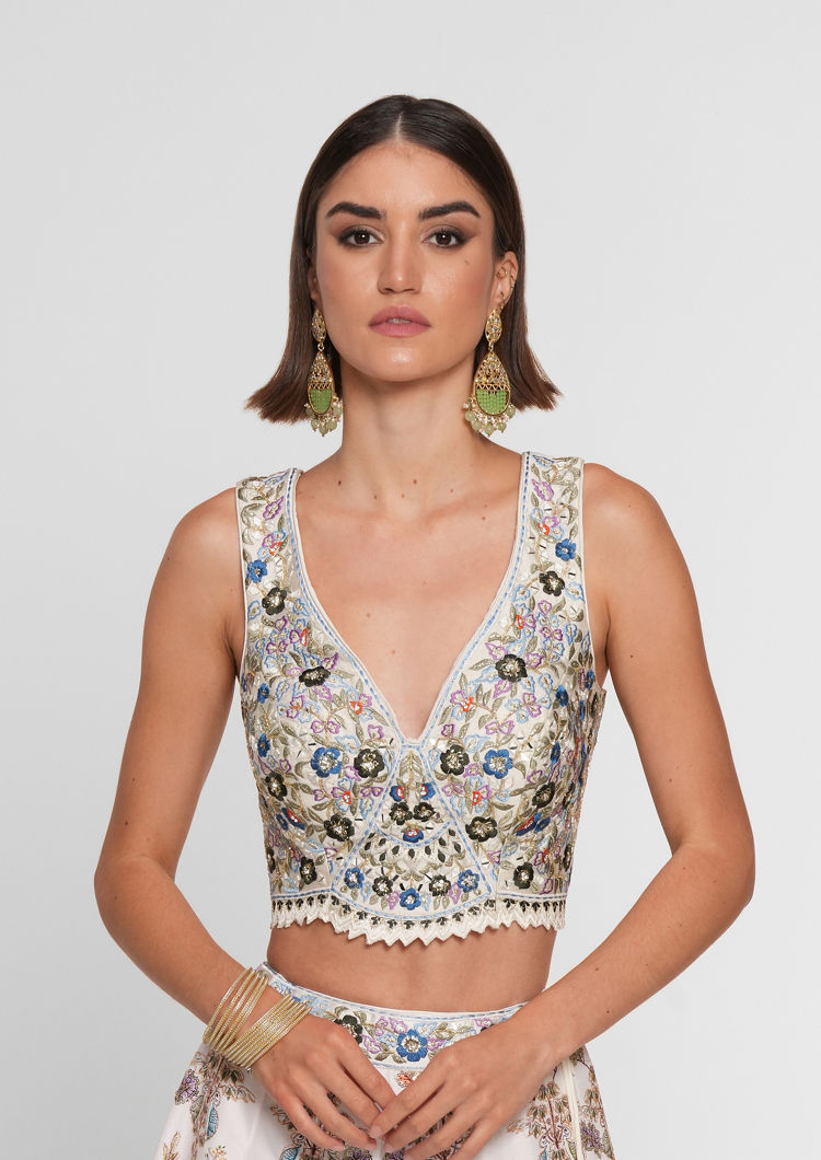 Twamev Women Cream Skirt Top Ensemble with Zardozi Work Skirt Top
