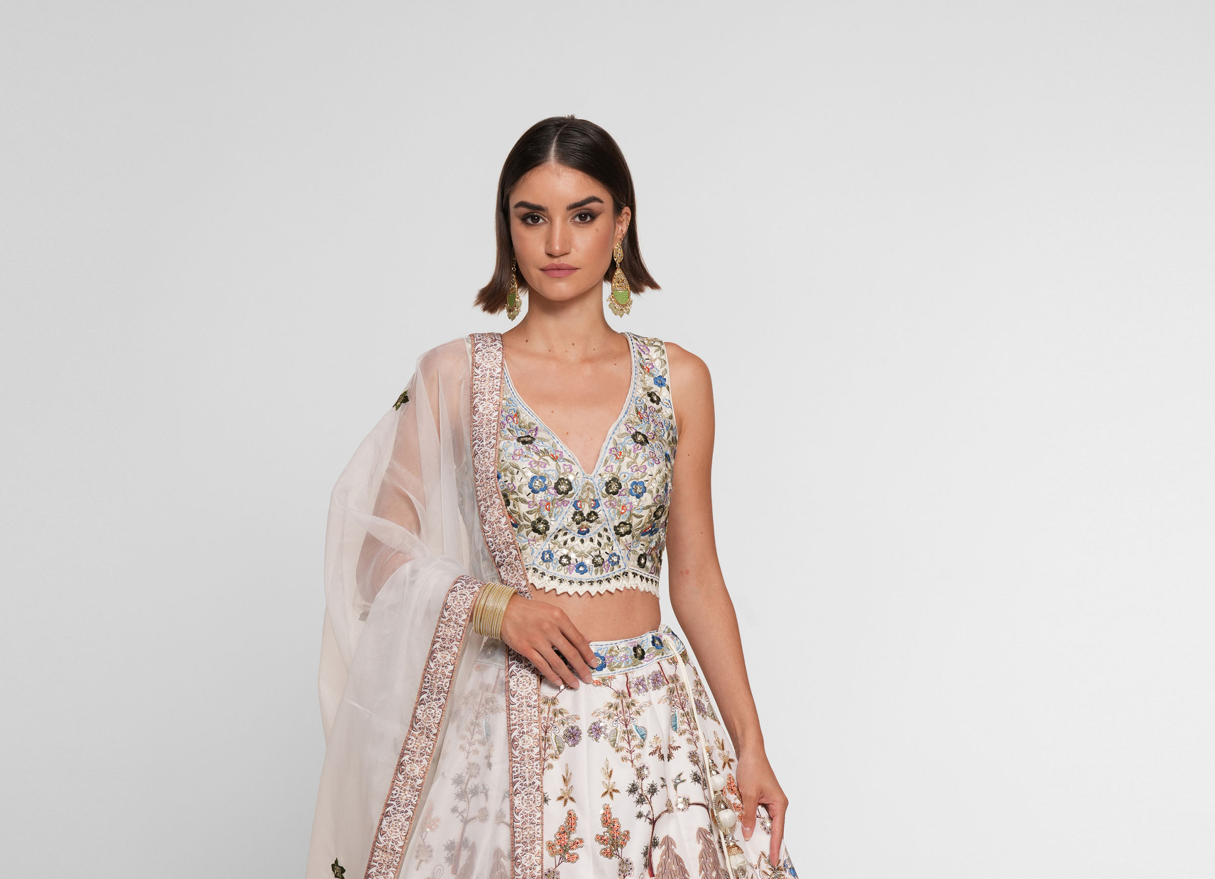 Twamev Women Cream Skirt Top Ensemble with Zardozi Work Skirt Top