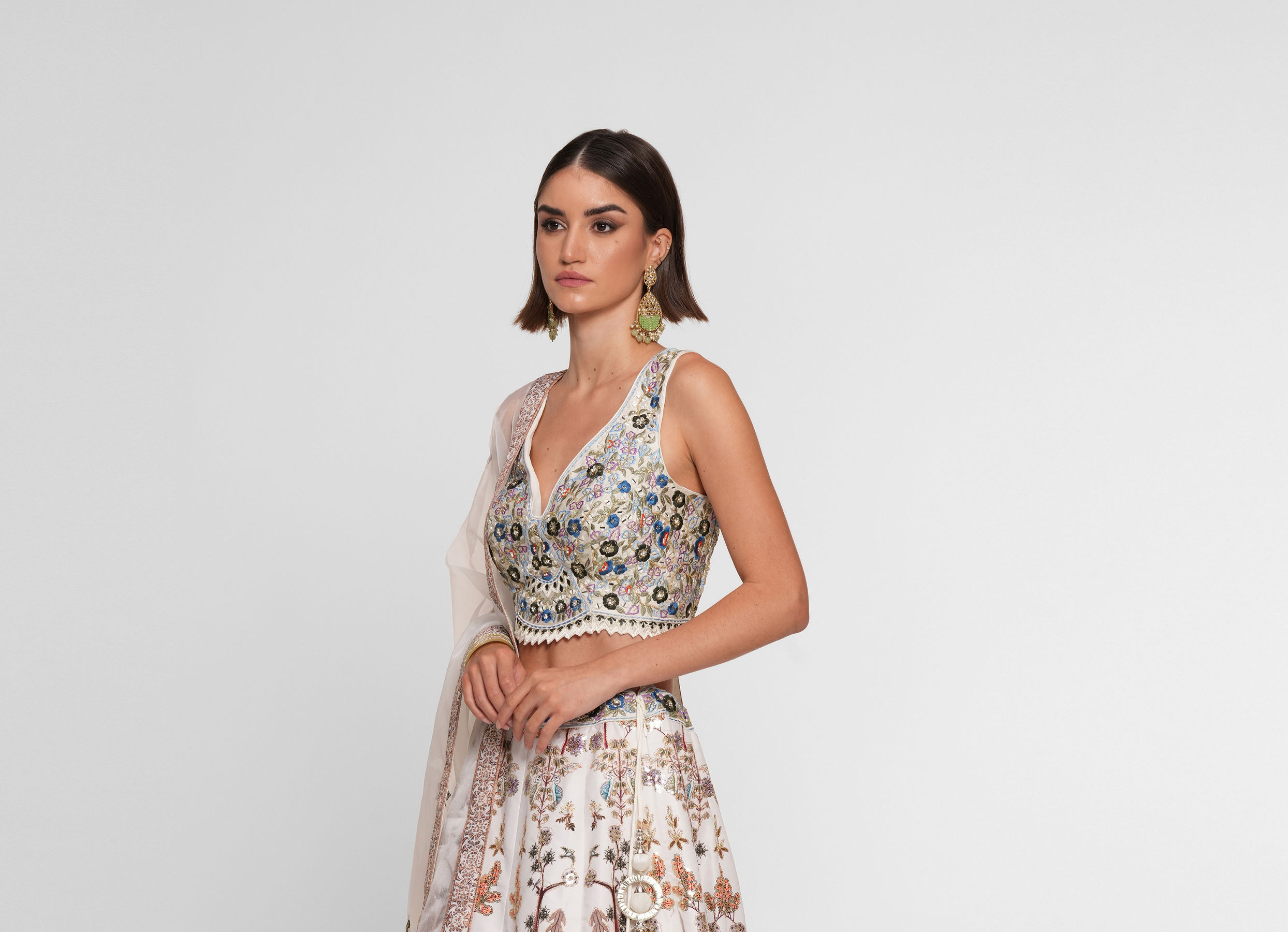 Twamev Women Cream Skirt Top Ensemble with Zardozi Work Skirt Top