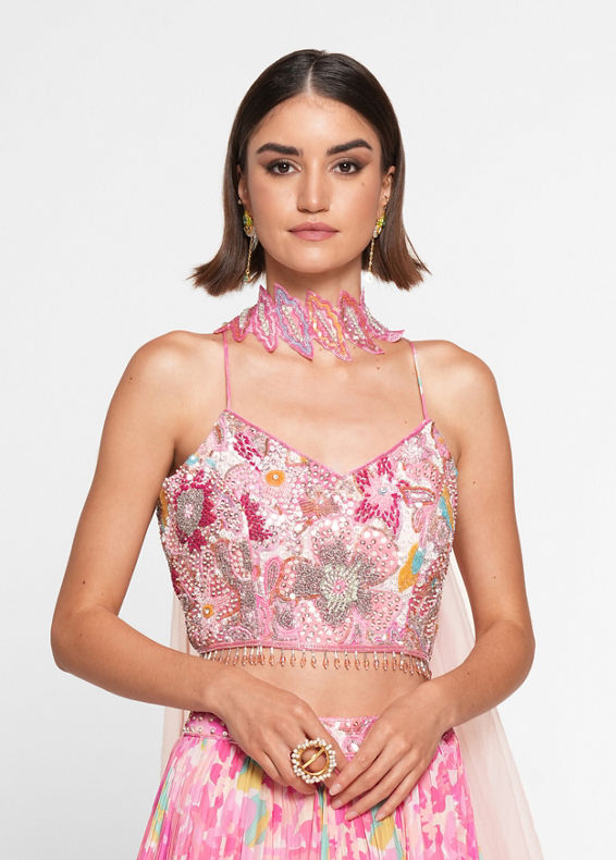 Twamev Women Ethereal Pink Chinon Skirt Top Ensemble