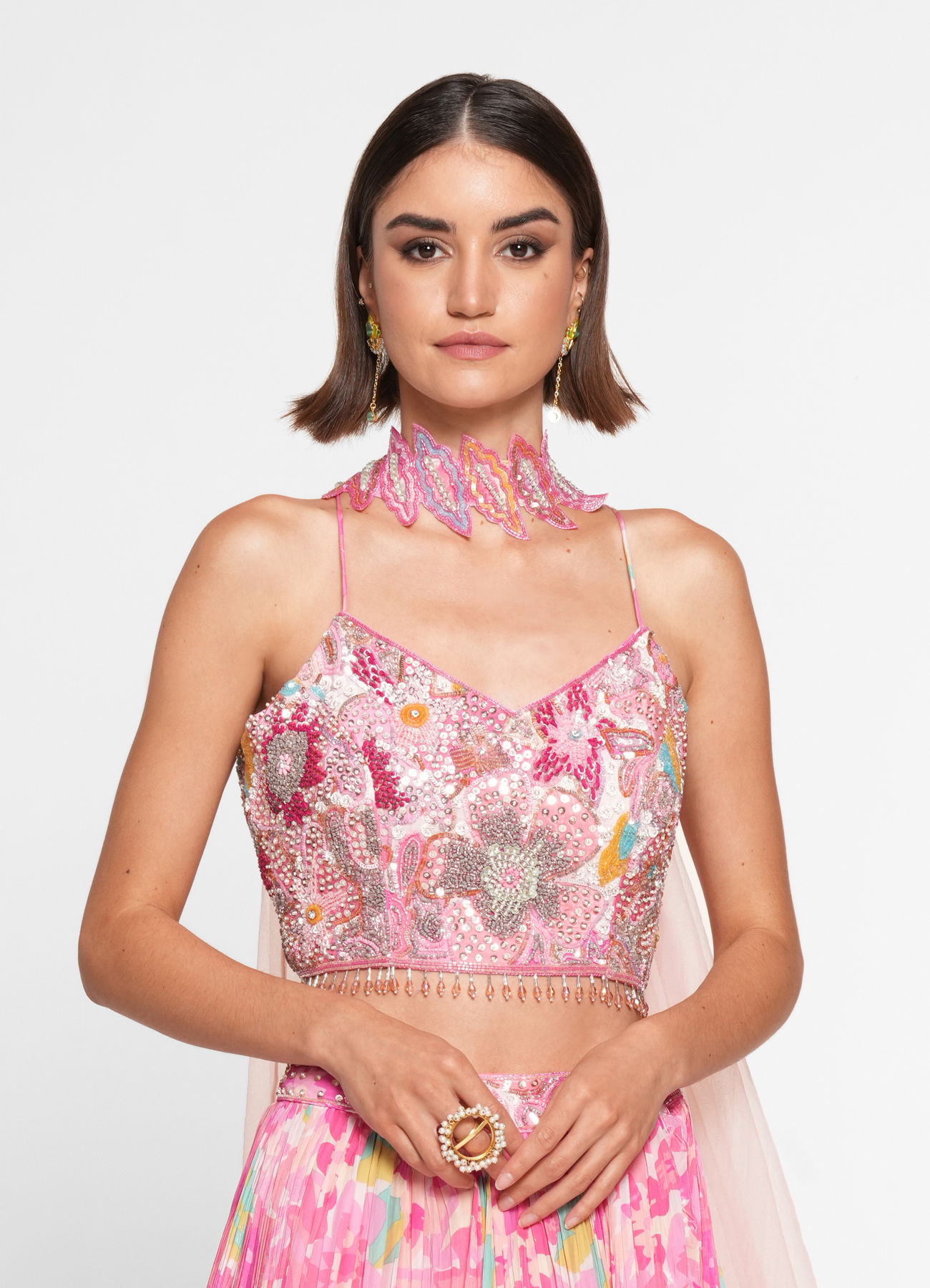 Twamev Women Ethereal Pink Chinon Skirt Top Ensemble