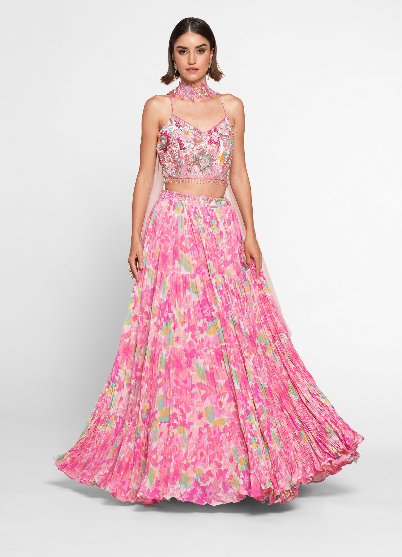 Twamev Women Ethereal Pink Chinon Skirt Top Ensemble