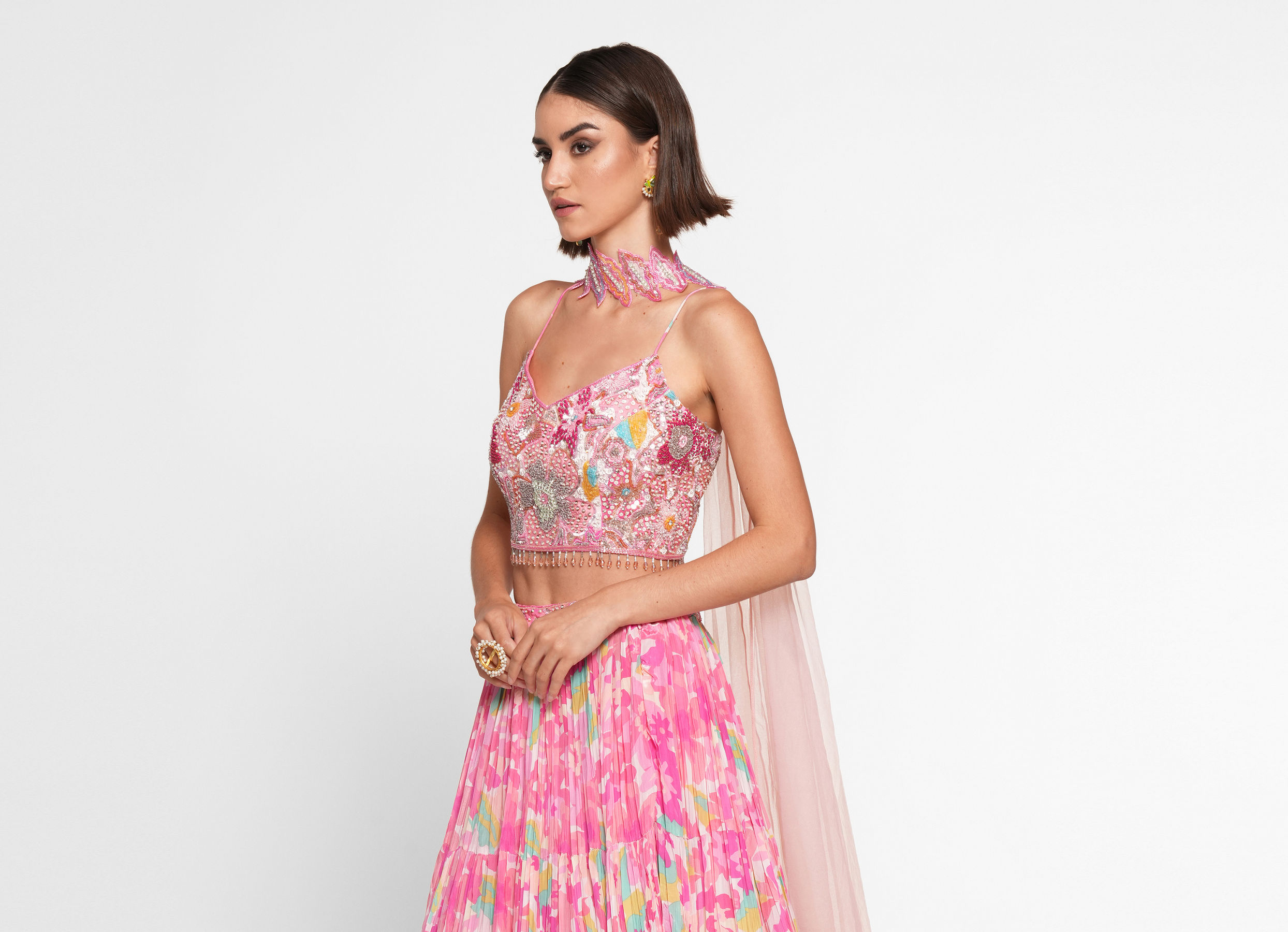 Twamev Women Ethereal Pink Chinon Skirt Top Ensemble