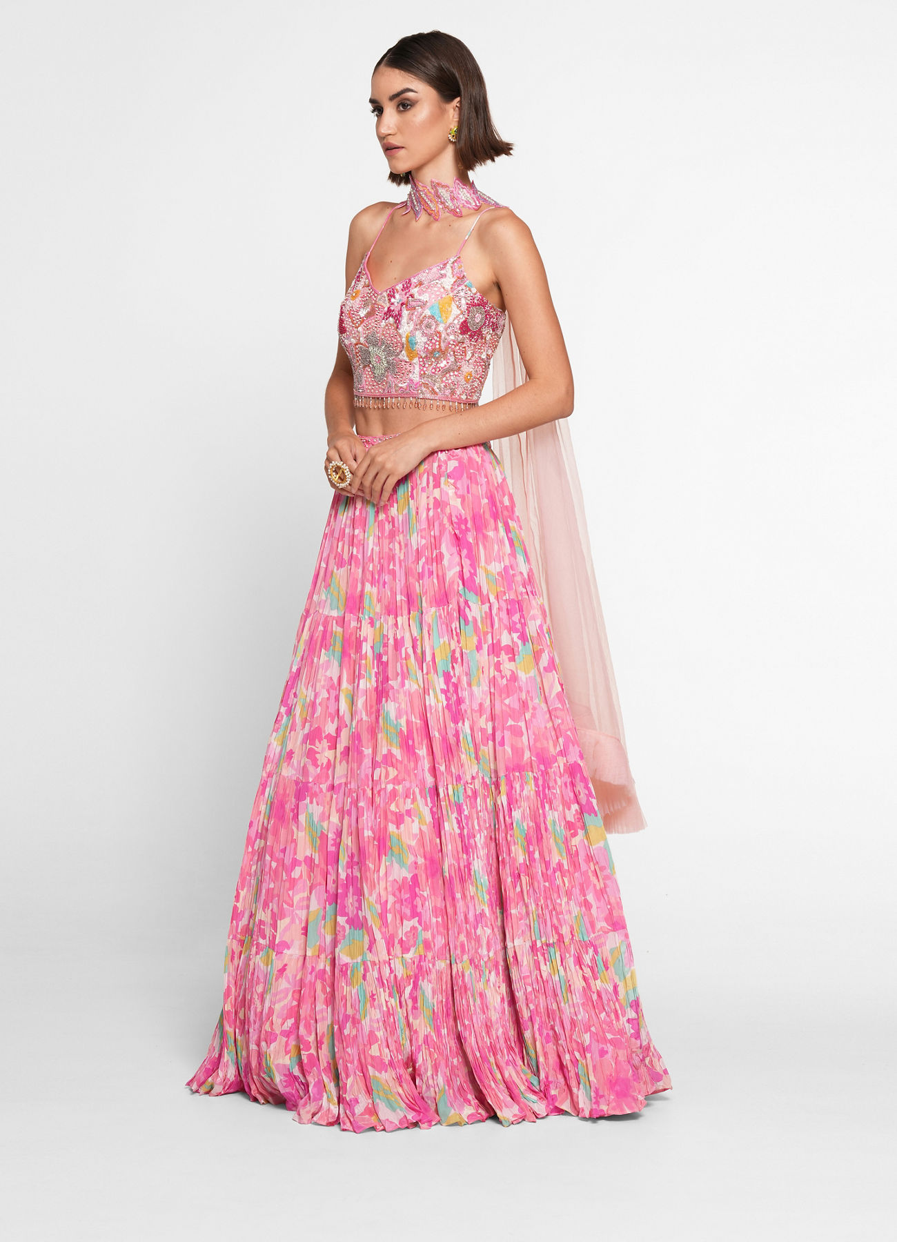 Twamev Women Ethereal Pink Chinon Skirt Top Ensemble