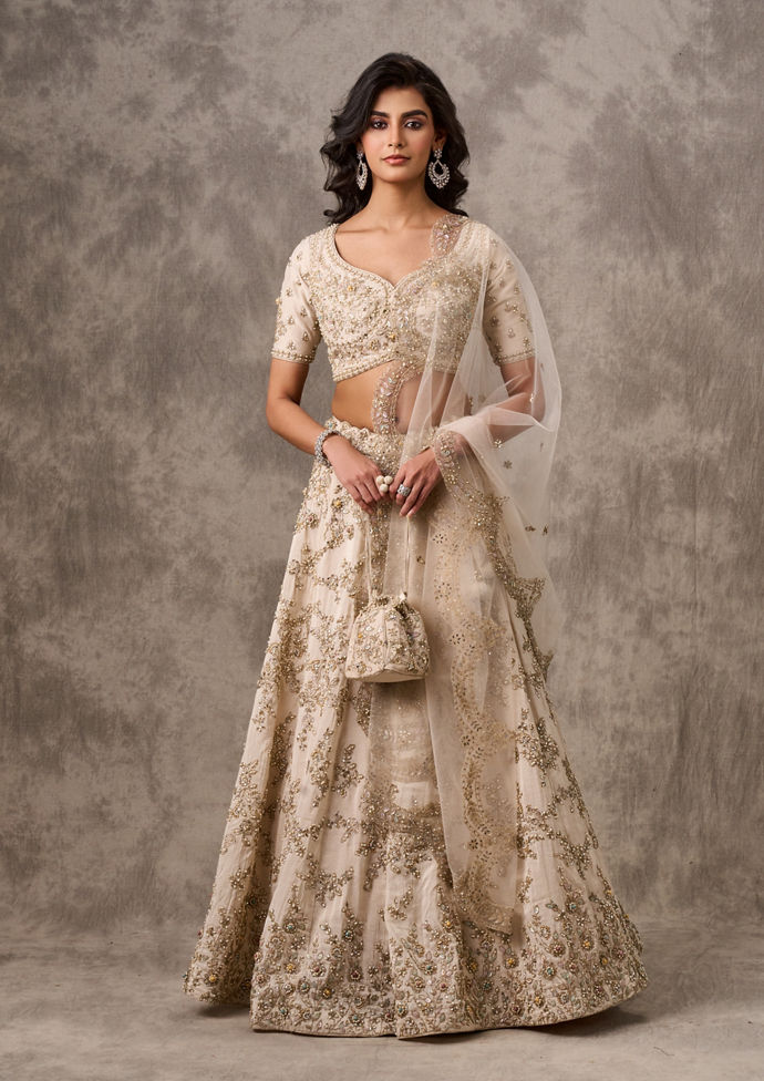 Twamev Women Cream Organza Zardosi Embroidered Lehenga