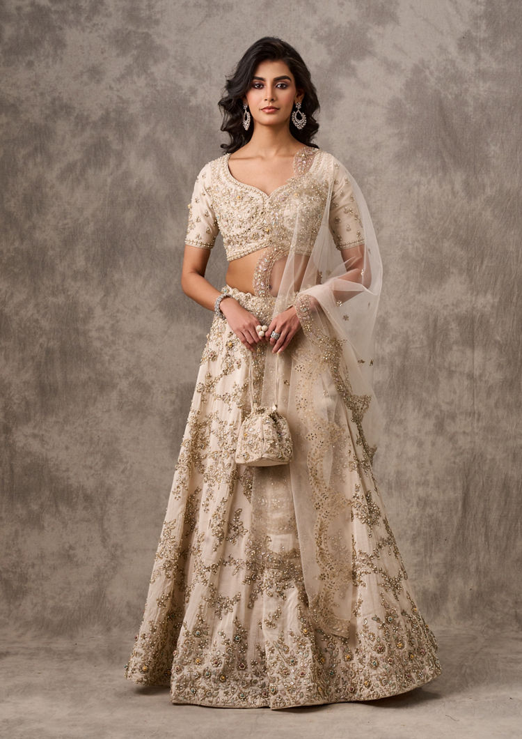 Twamev Women Cream Organza Zardosi Embroidered Lehenga