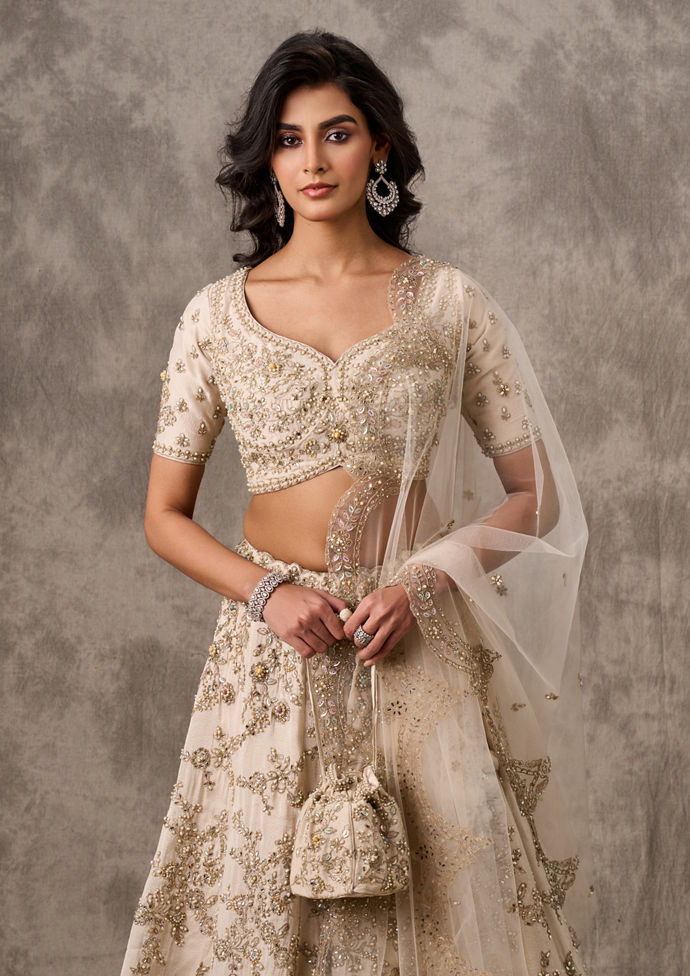 Twamev Women Cream Organza Zardosi Embroidered Lehenga