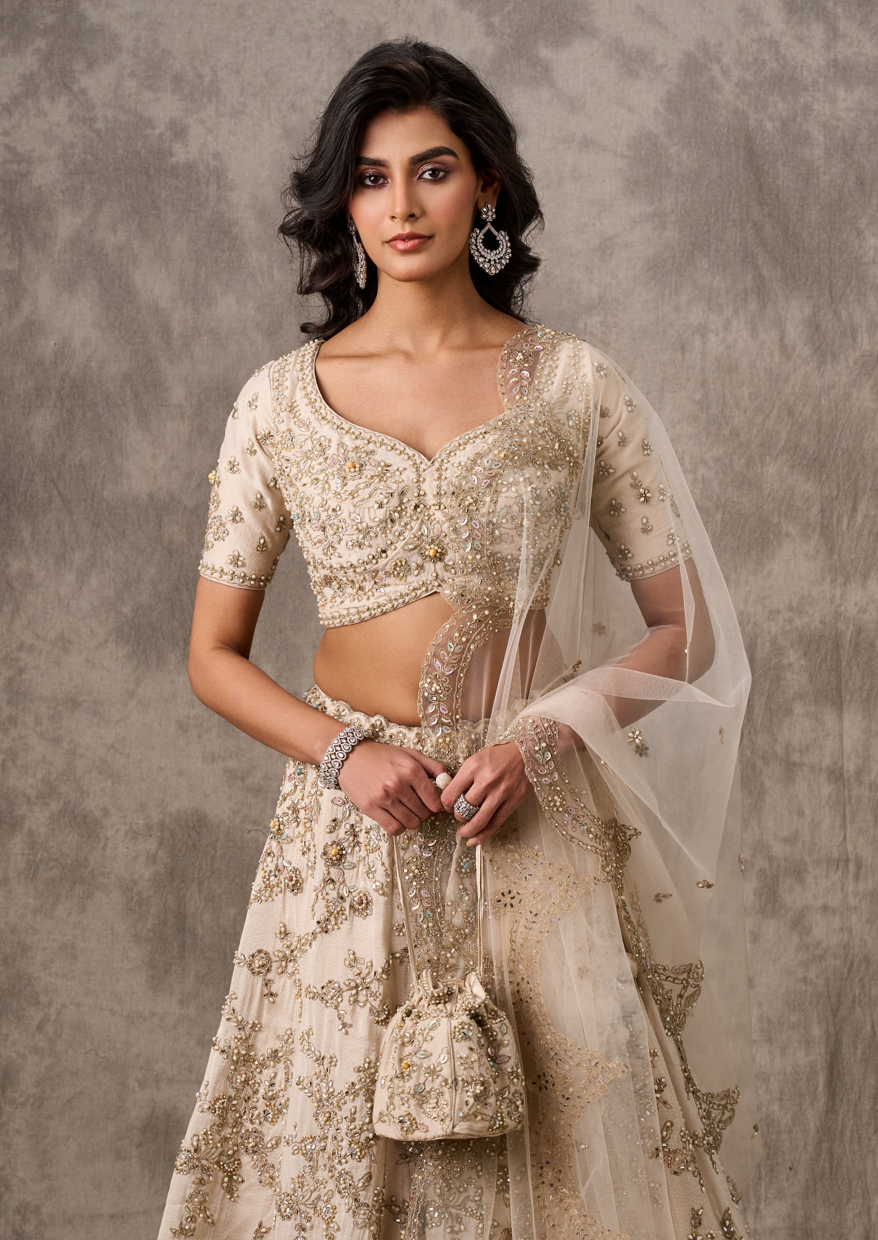 Twamev Women Cream Organza Zardosi Embroidered Lehenga