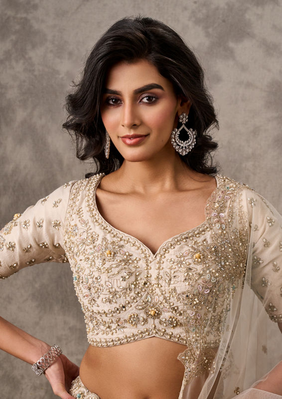 Twamev Women Cream Organza Zardosi Embroidered Lehenga