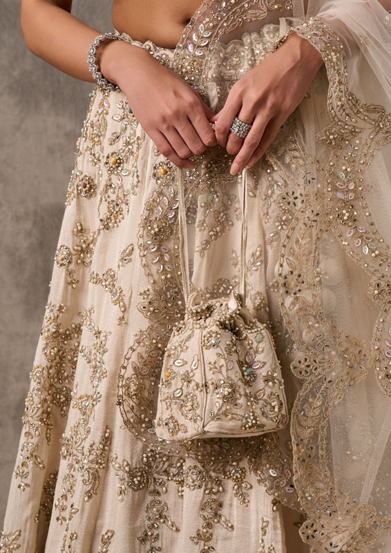 Twamev Women Cream Organza Zardosi Embroidered Lehenga